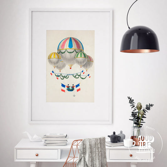Vintage Hot Air Balloon Print – Antique Aviation Art – playful nursery poster print
