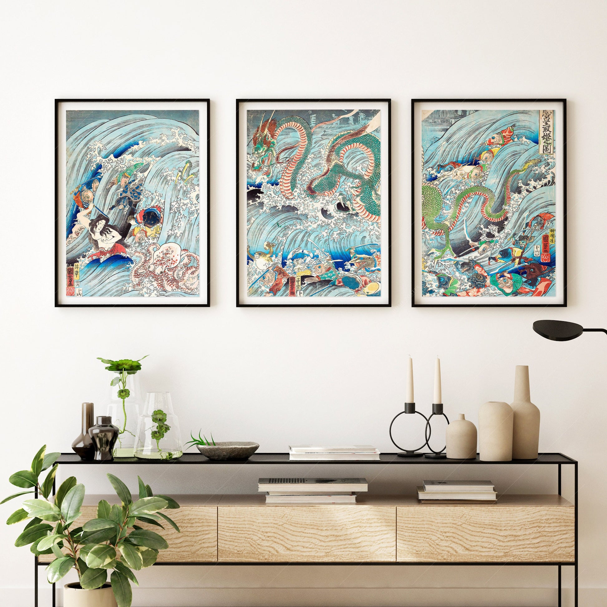 Utagawa Kuniyoshi Dragon Triptych Print Set – Japanese – fine art wall poster