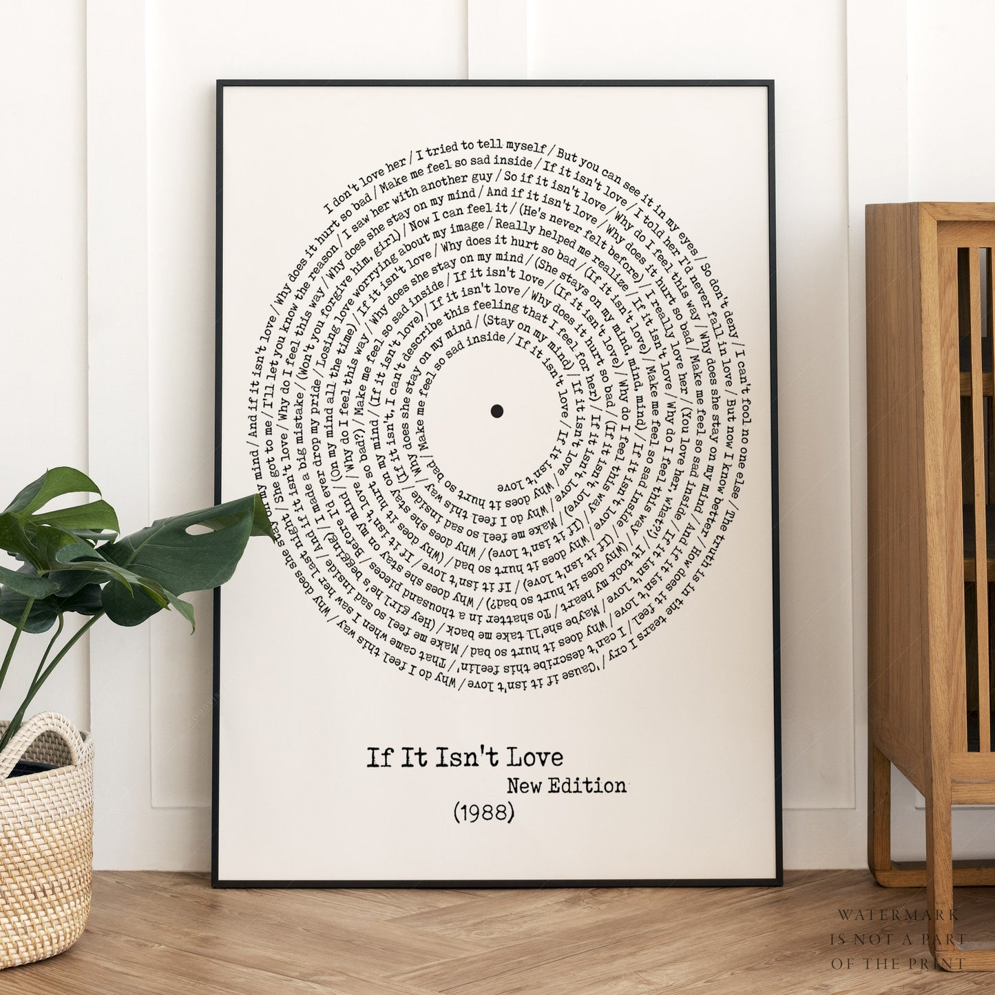 Personalized vinyl record song lyric wall art print featuring If It Isn't Love by New Edition in minimalist typography design.