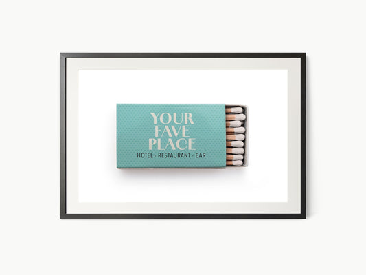 Personalized teal matchbox art print featuring custom hotel restaurant bar text as vintage-style wall art.
