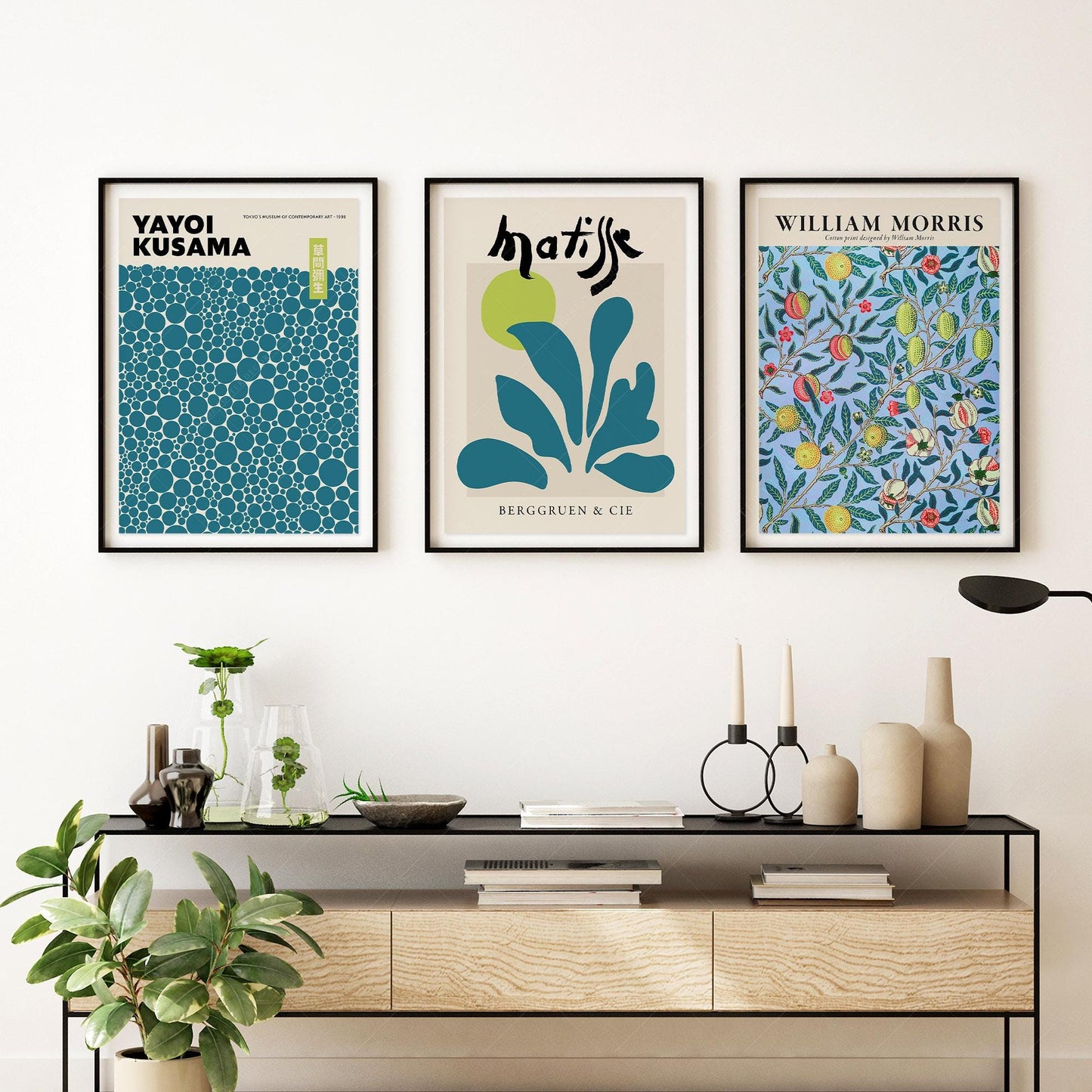 Kusama Matisse Morris Gallery Wall Set of 3 – Teal – classic art print reproduction