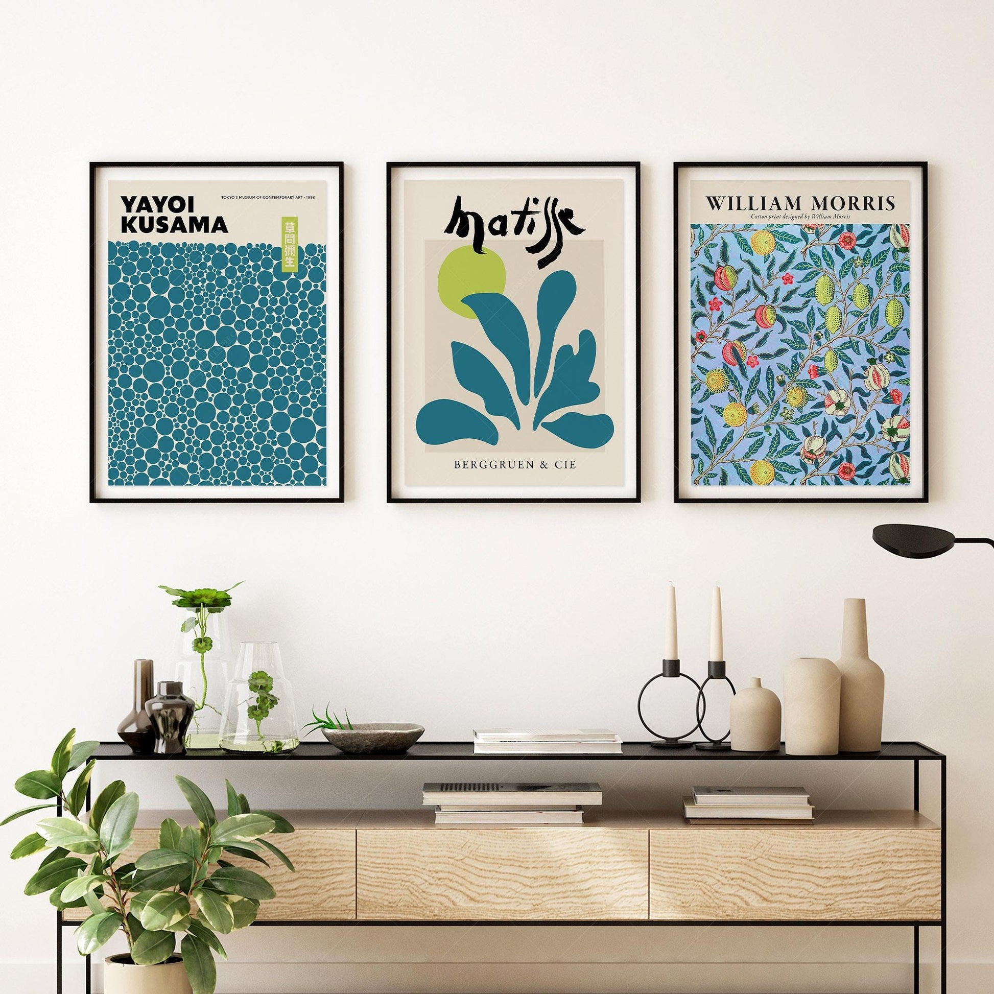 Kusama Matisse Morris Gallery Wall Set of 3 – Teal – classic art print reproduction