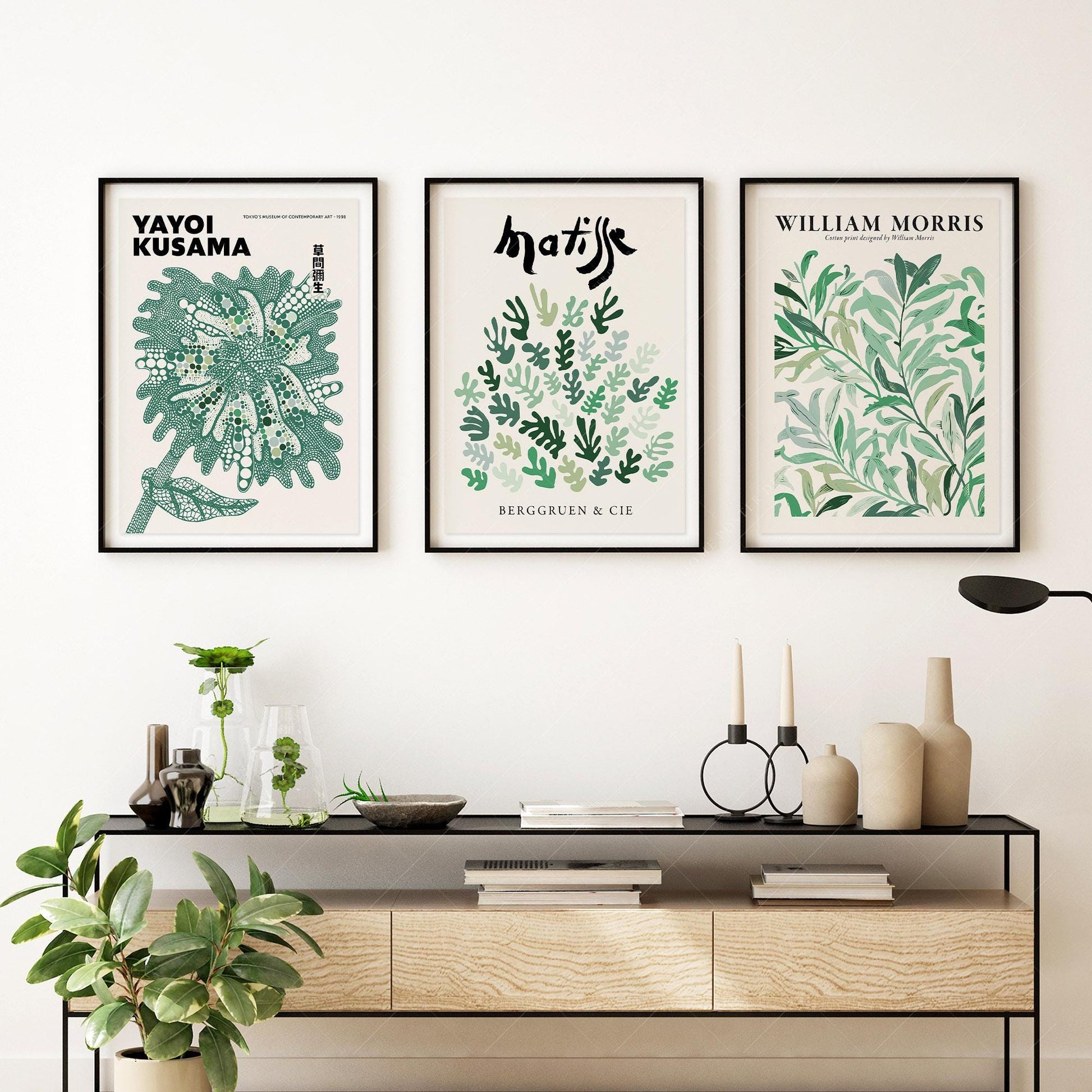 Set of 3 Green Botanical Prints – Kusama Matisse – museum quality art print