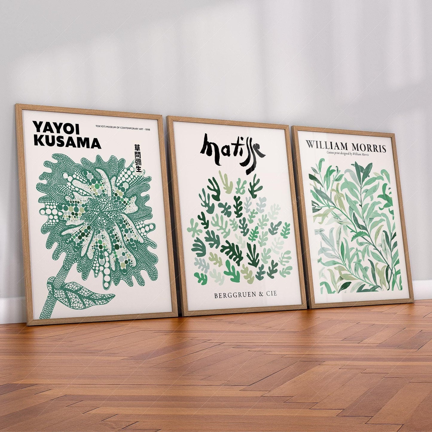 Set of 3 Green Botanical Prints – Kusama Matisse – fine art wall poster