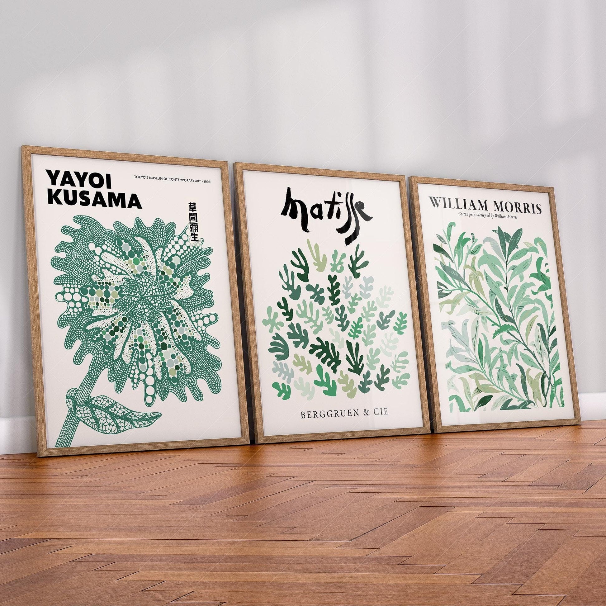 Set of 3 Green Botanical Prints – Kusama Matisse – fine art wall poster