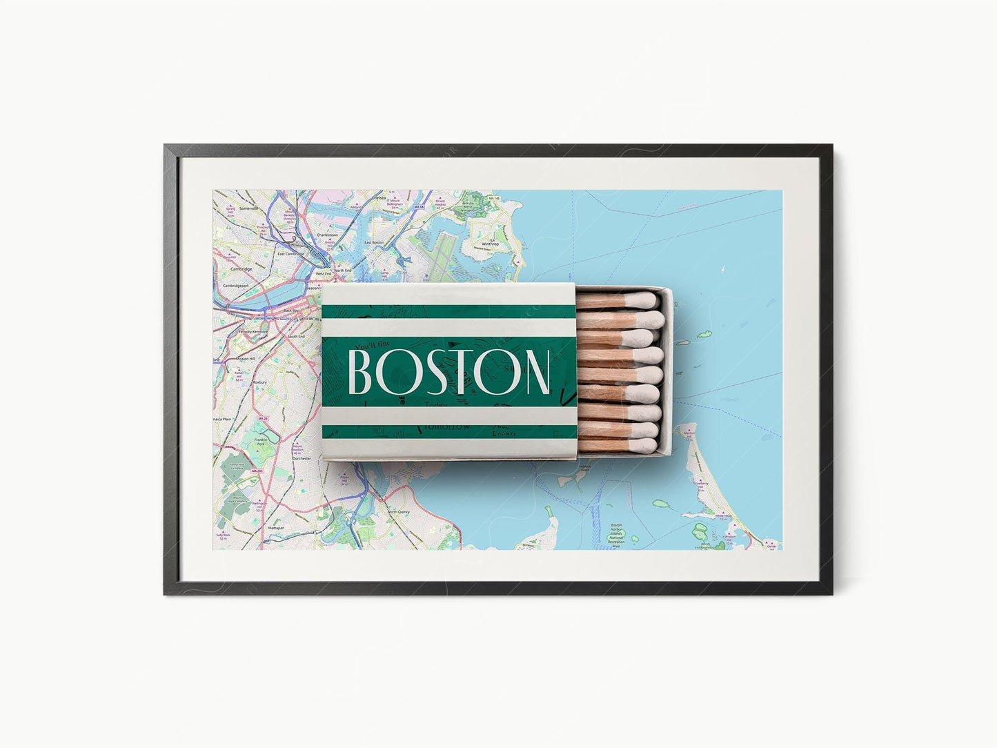 Boston matchbox art print featuring a vintage city map design, perfect as retro travel wall art.