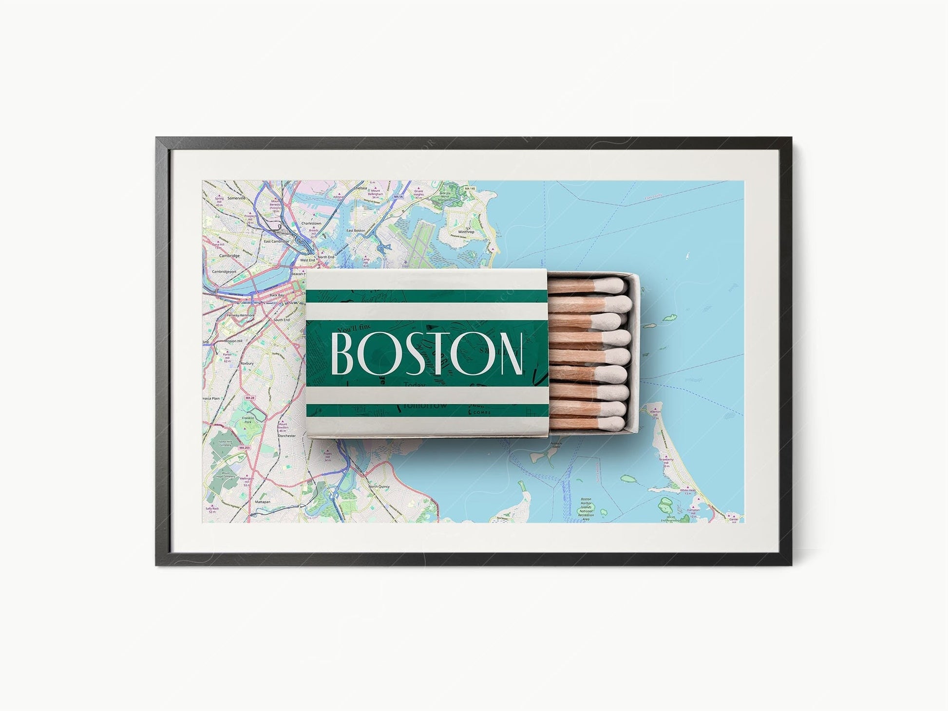 Boston matchbox art print featuring a vintage city map design, perfect as retro travel wall art.