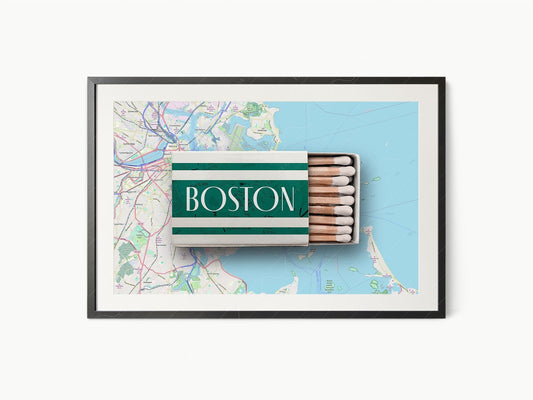 Boston matchbox art print featuring a vintage city map design, perfect as retro travel wall art.