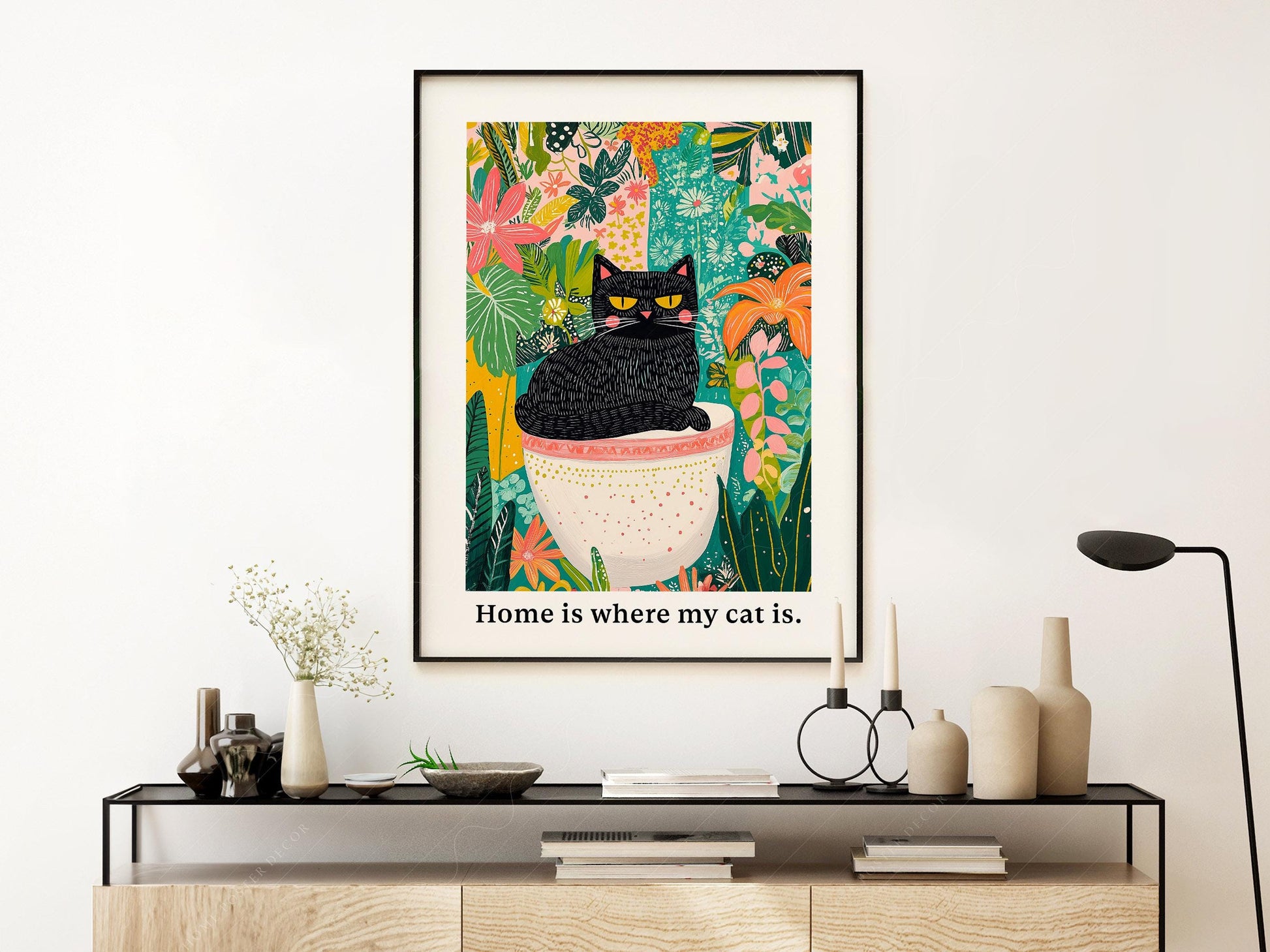 Black Cat in Garden Art Print – Colorful Botanical Cat – gallery wall art poster