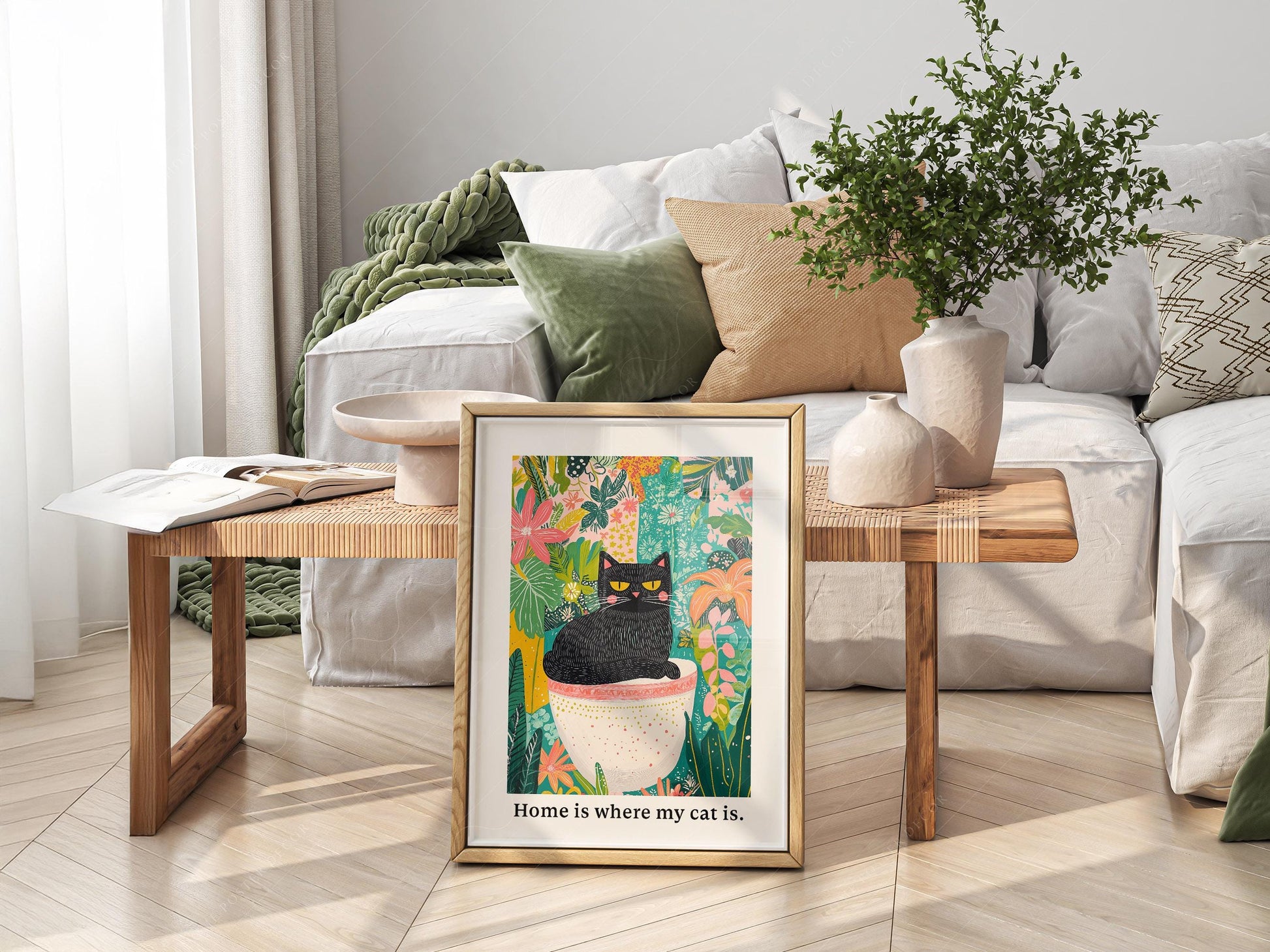 Black Cat in Garden Art Print – Colorful Botanical Cat – art poster for living room