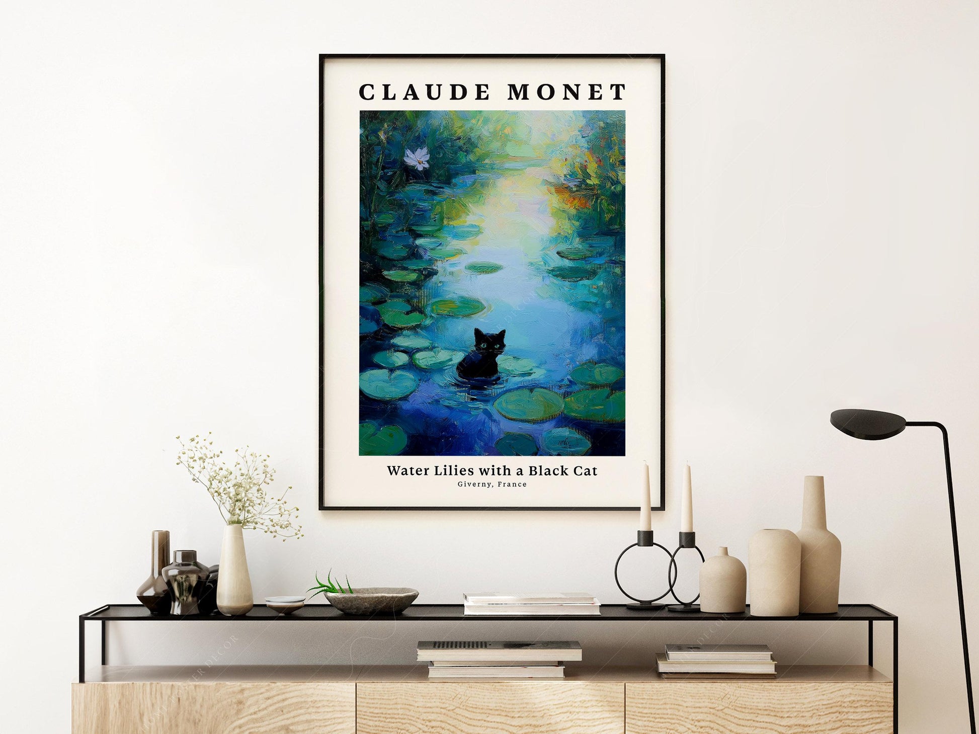 Claude Monet Water Lilies Black Cat Print – Whimsical – art poster for living room