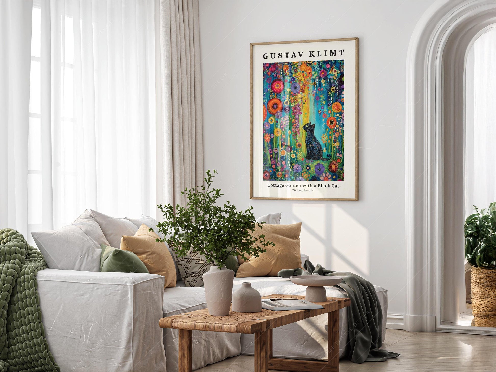 Gustav Klimt Cottage Garden with Black Cat Print – classic art print reproduction