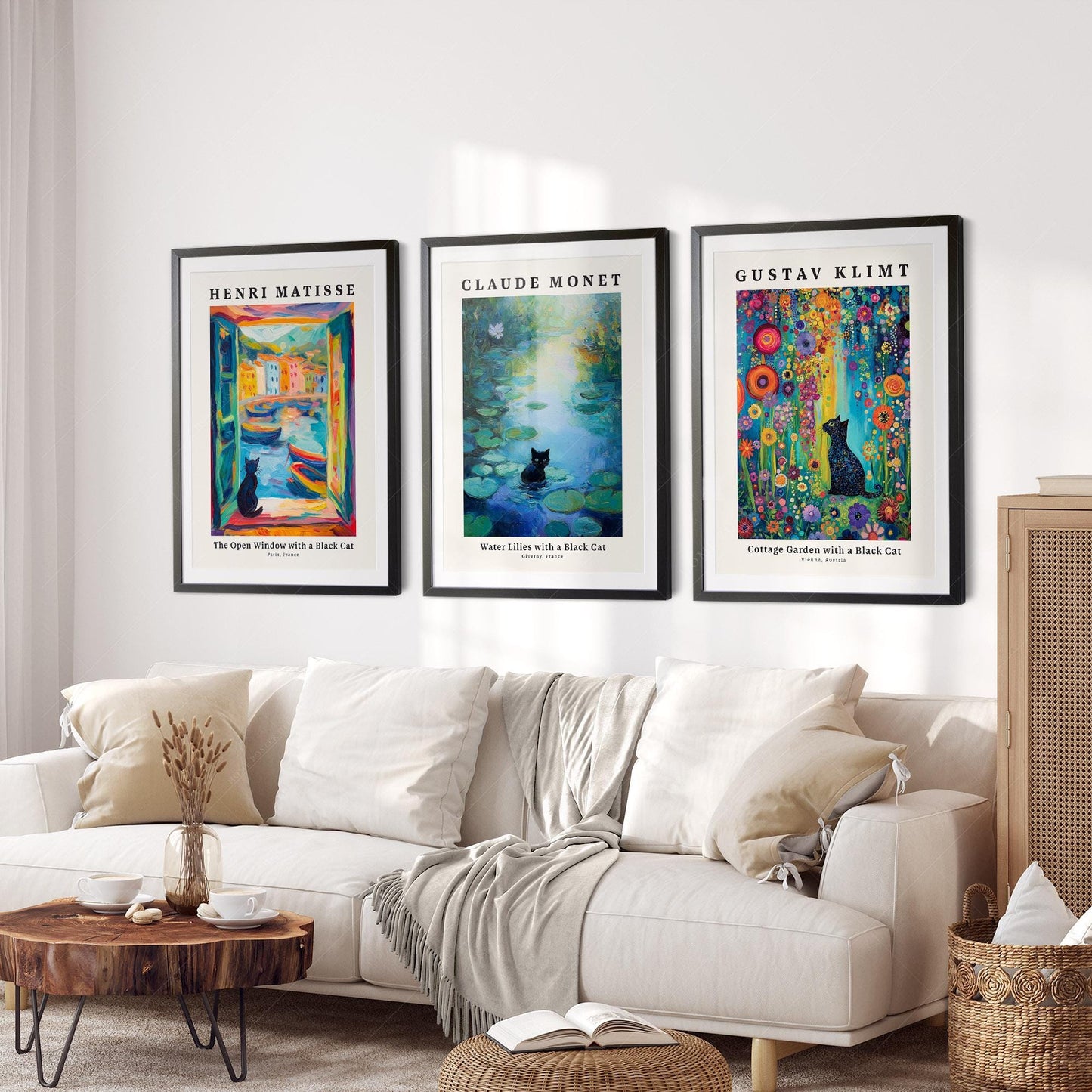 Black Cat Art Print Set of 3 – Matisse Monet Klimt – classic art print reproduction
