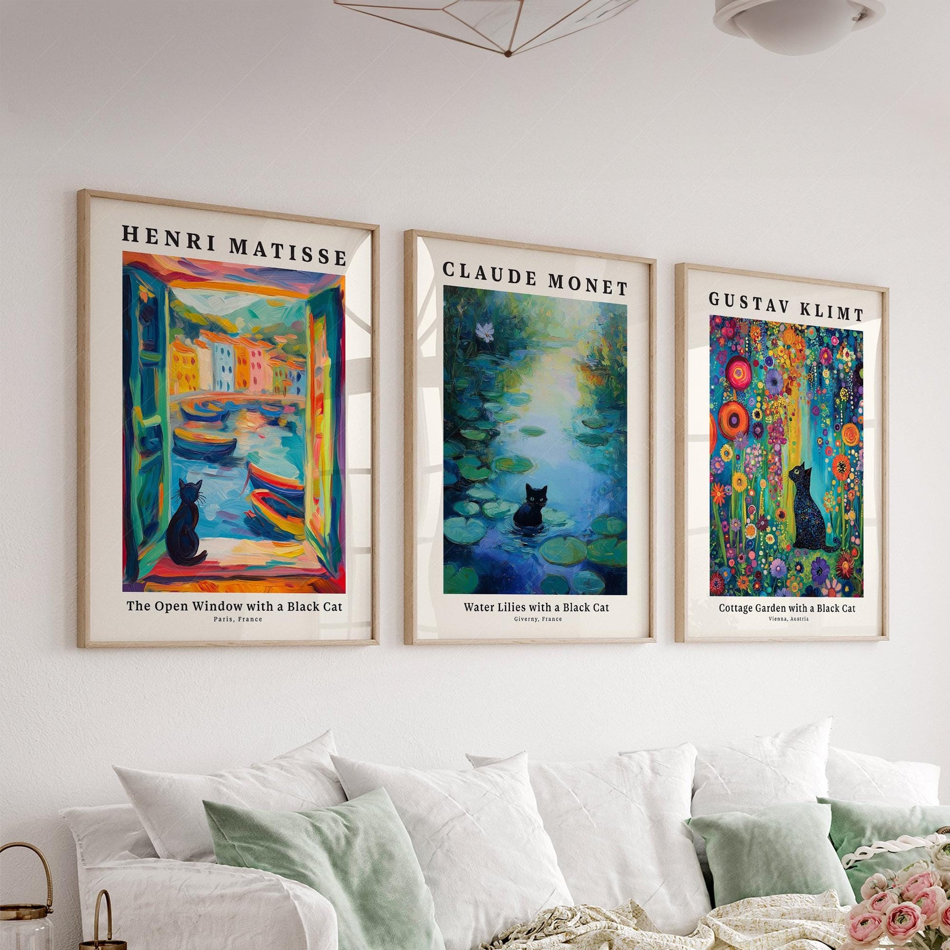 Black Cat Art Print Set of 3 – Matisse Monet Klimt – archival paper art print