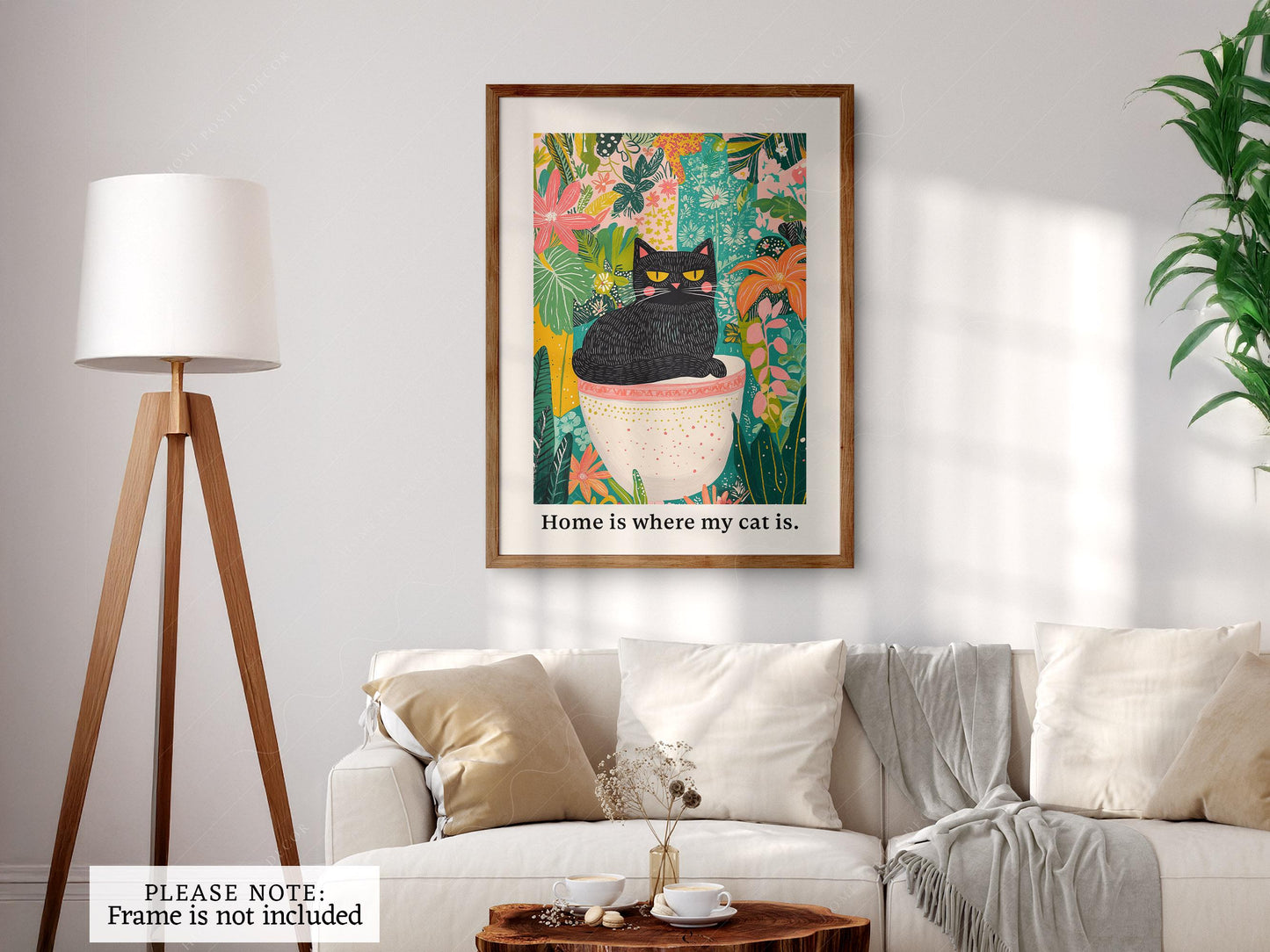 Black Cat in Garden Art Print – Colorful Botanical Cat – museum quality art print