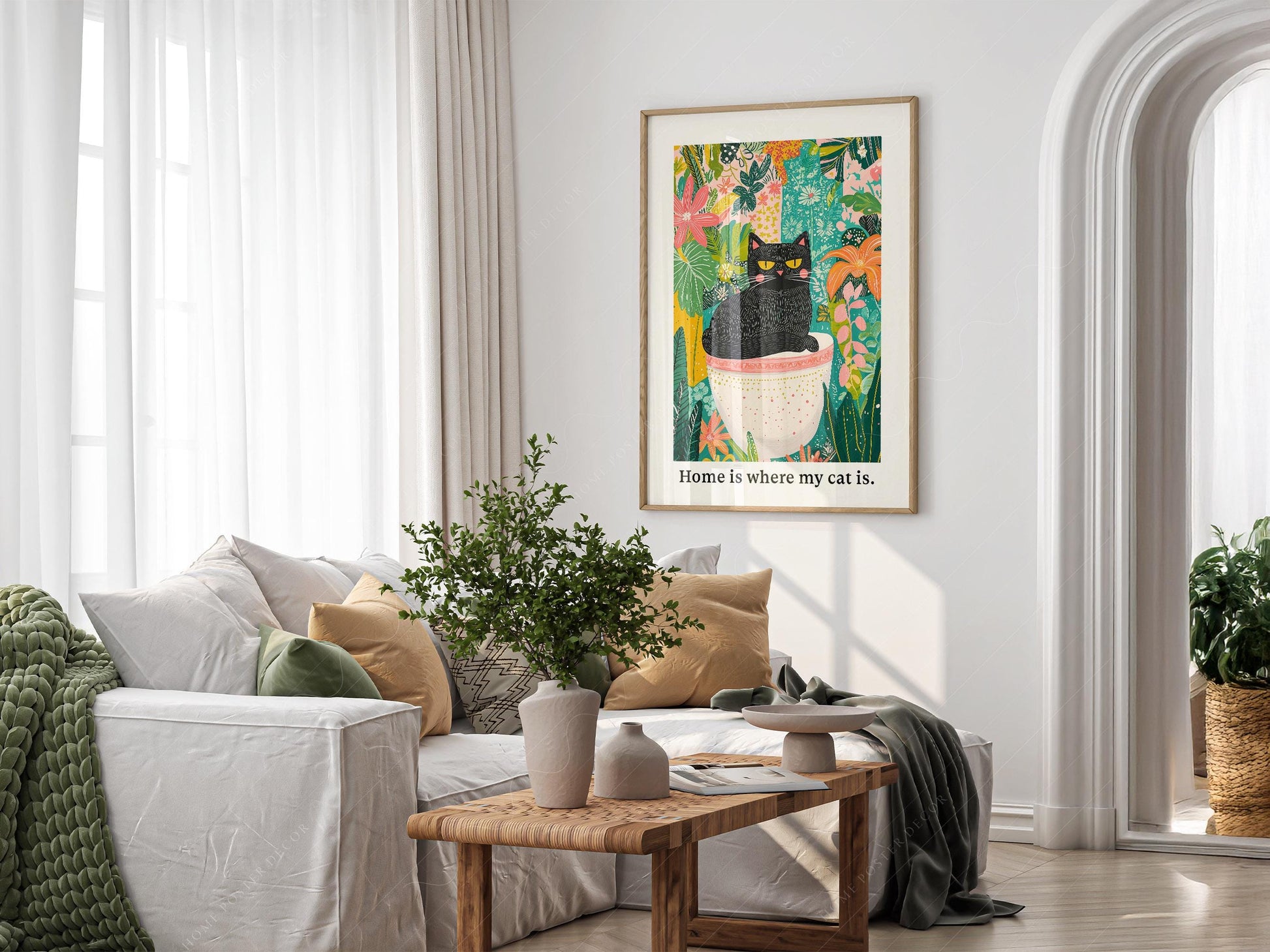 Black Cat in Garden Art Print – Colorful Botanical Cat – archival paper art print