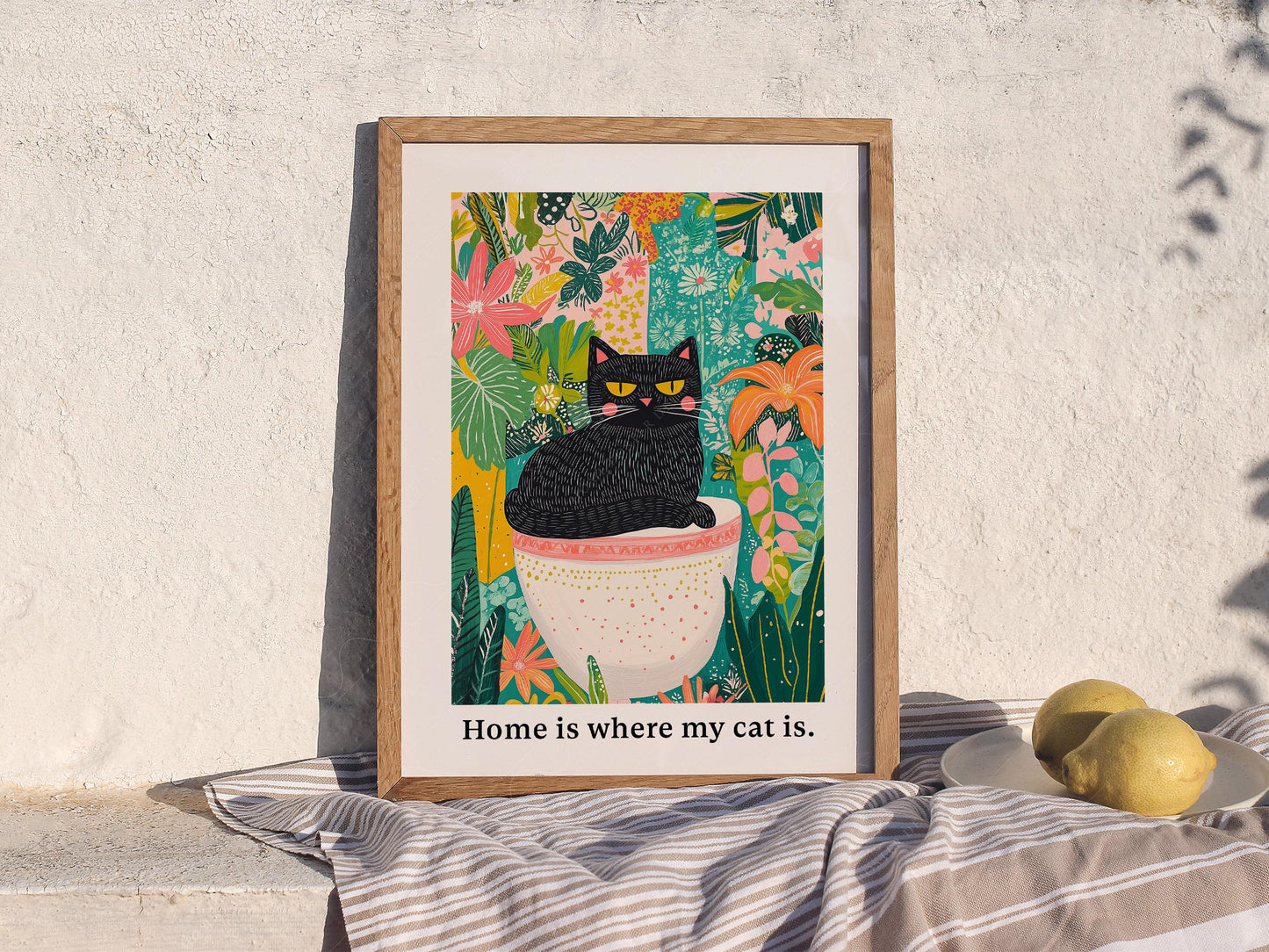 Black Cat in Garden Art Print – Colorful Botanical Cat – classic art print reproduction