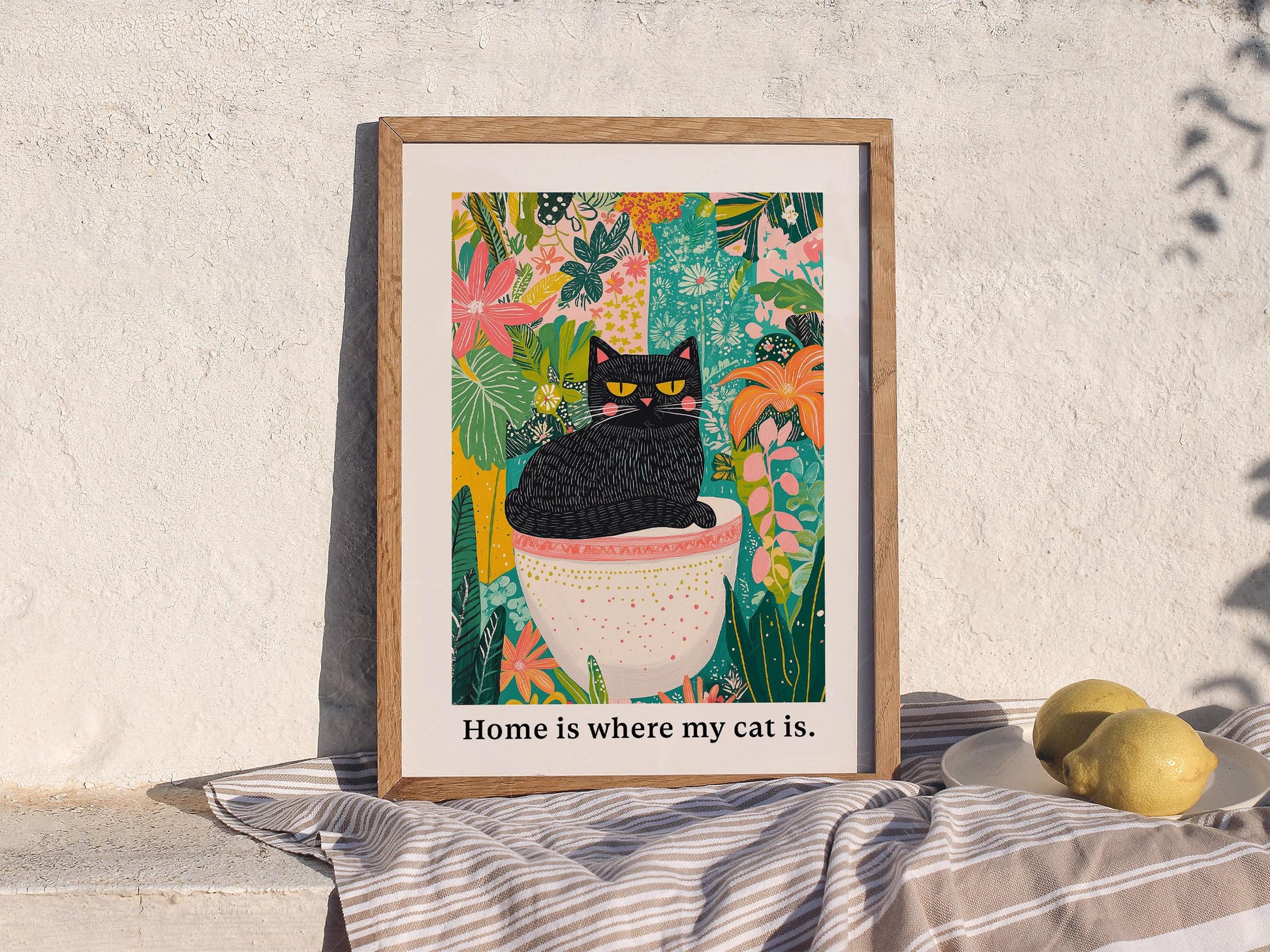 Black Cat in Garden Art Print – Colorful Botanical Cat – classic art print reproduction