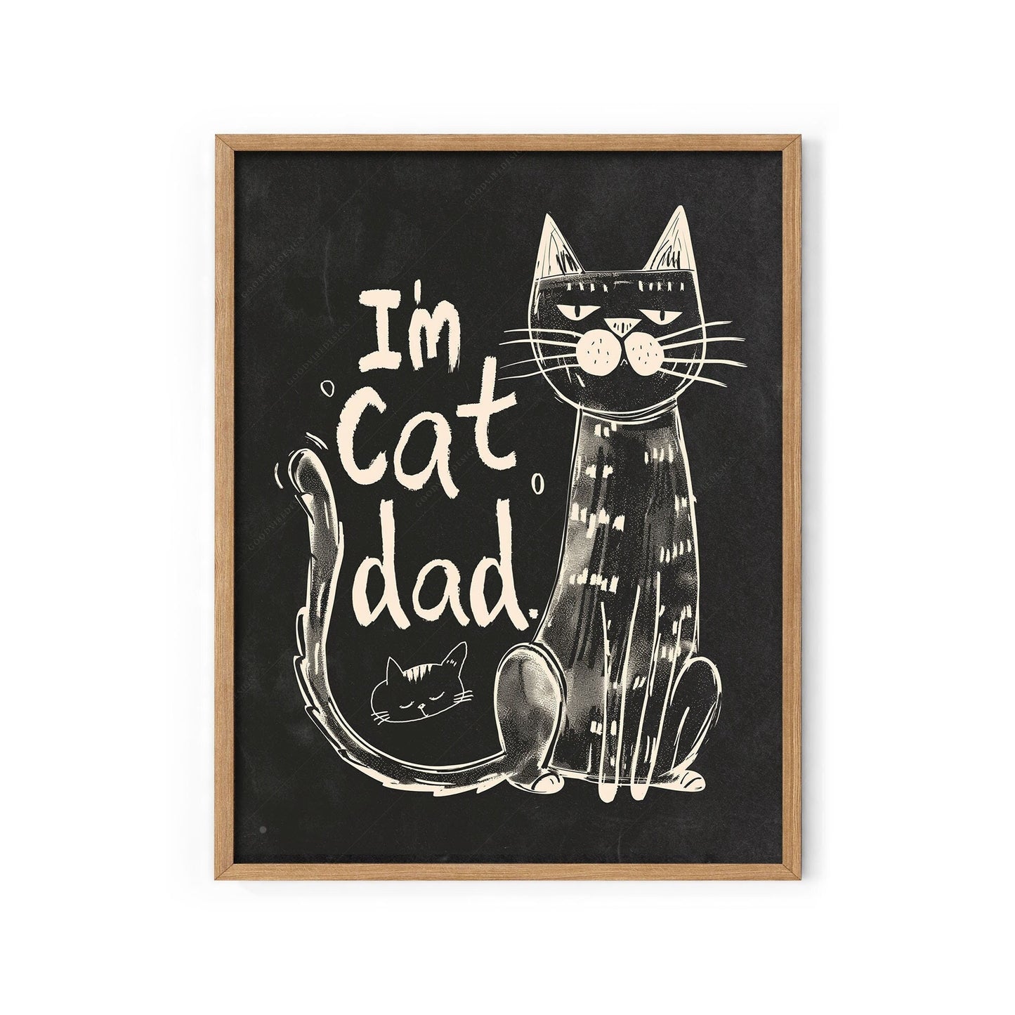 I'm Cat Dad funny chalkboard-style art print featuring a tabby cat and kitten illustration as wall art.