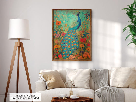 Colorful Peacock Garden Art Print – Vibrant Floral – nursery wall art for baby room