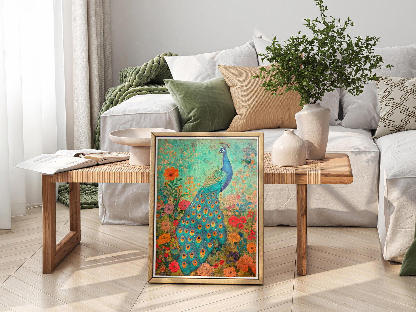 Colorful Peacock Garden Art Print – Vibrant Floral – sweet nursery wall decor