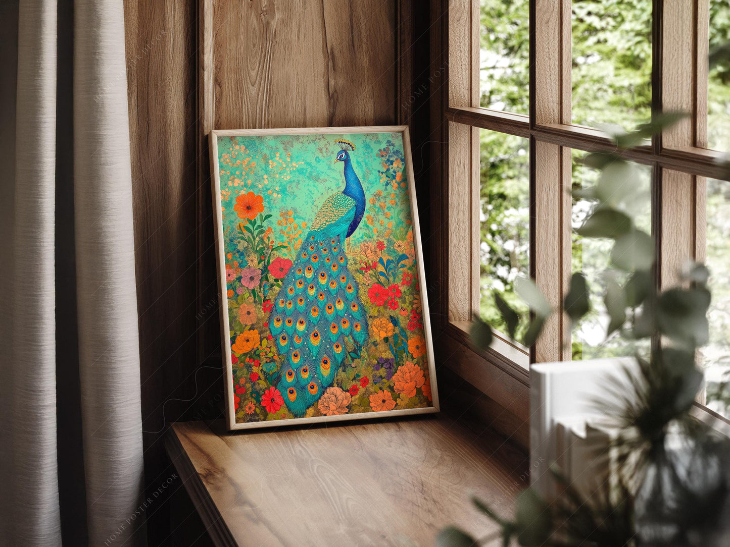 Colorful Peacock Garden Art Print – Vibrant Floral – whimsical kids room decor