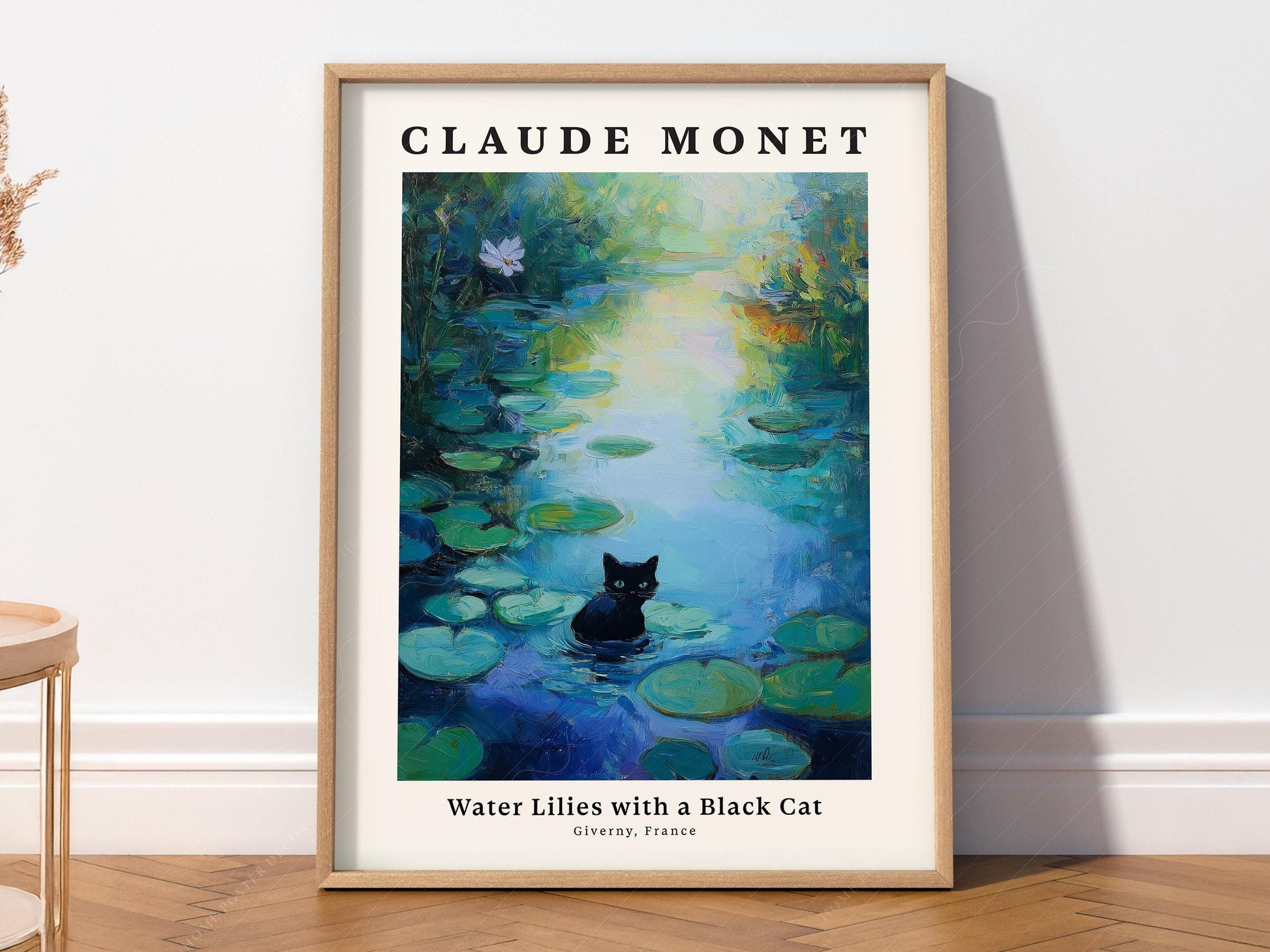 Claude Monet inspired Water Lilies art print featuring a black cat sitting among lily pads wall art.