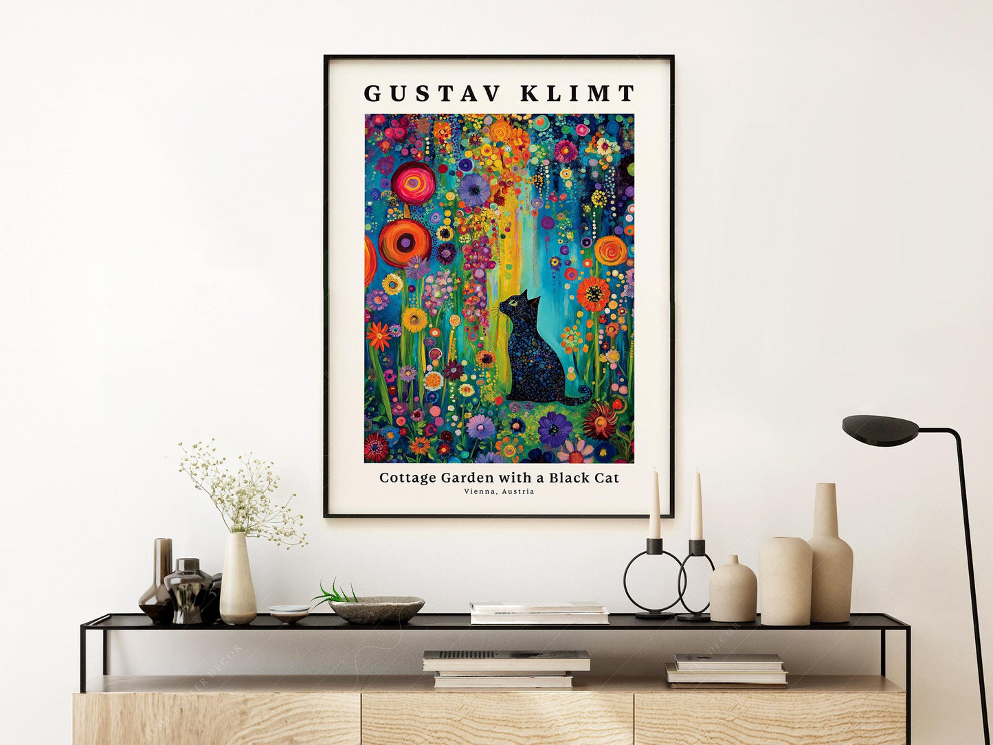 Gustav Klimt Cottage Garden with Black Cat Print – museum quality art print