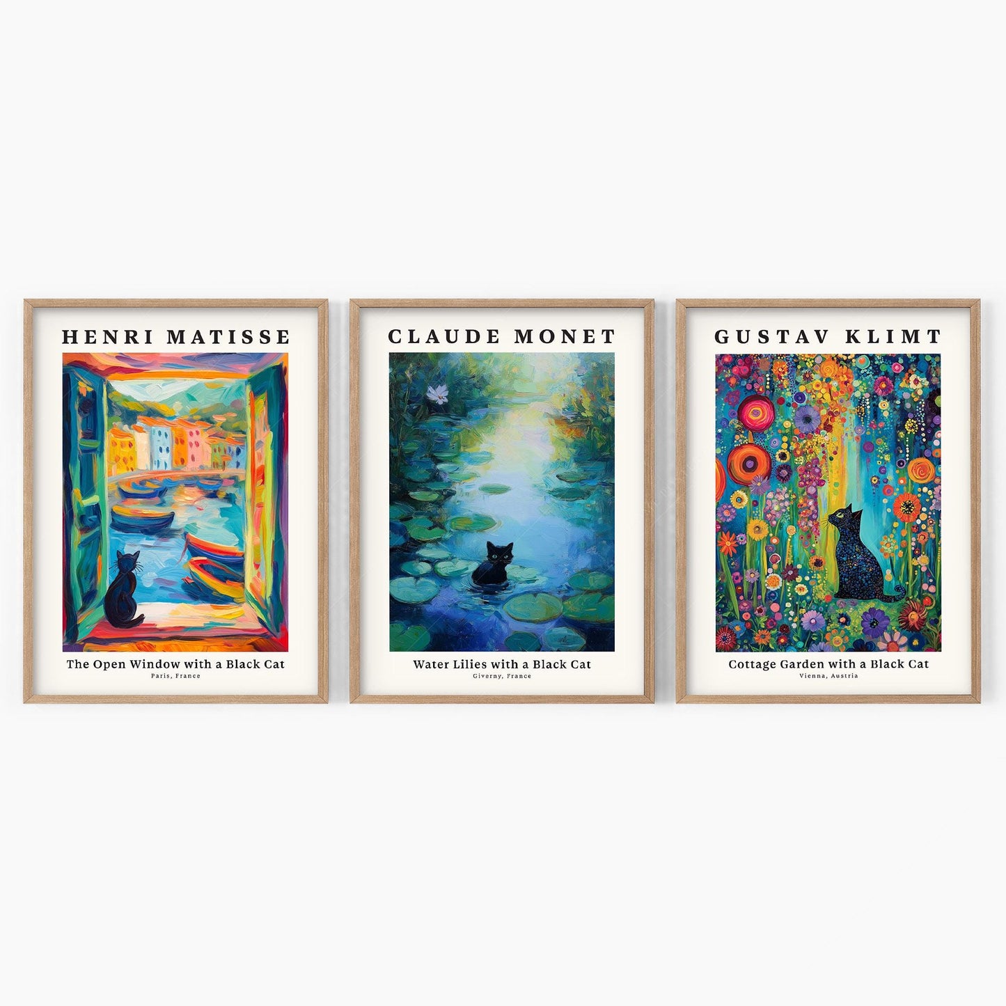 Black Cat Art Print Set of 3 – Matisse Monet Klimt – gallery wall art poster
