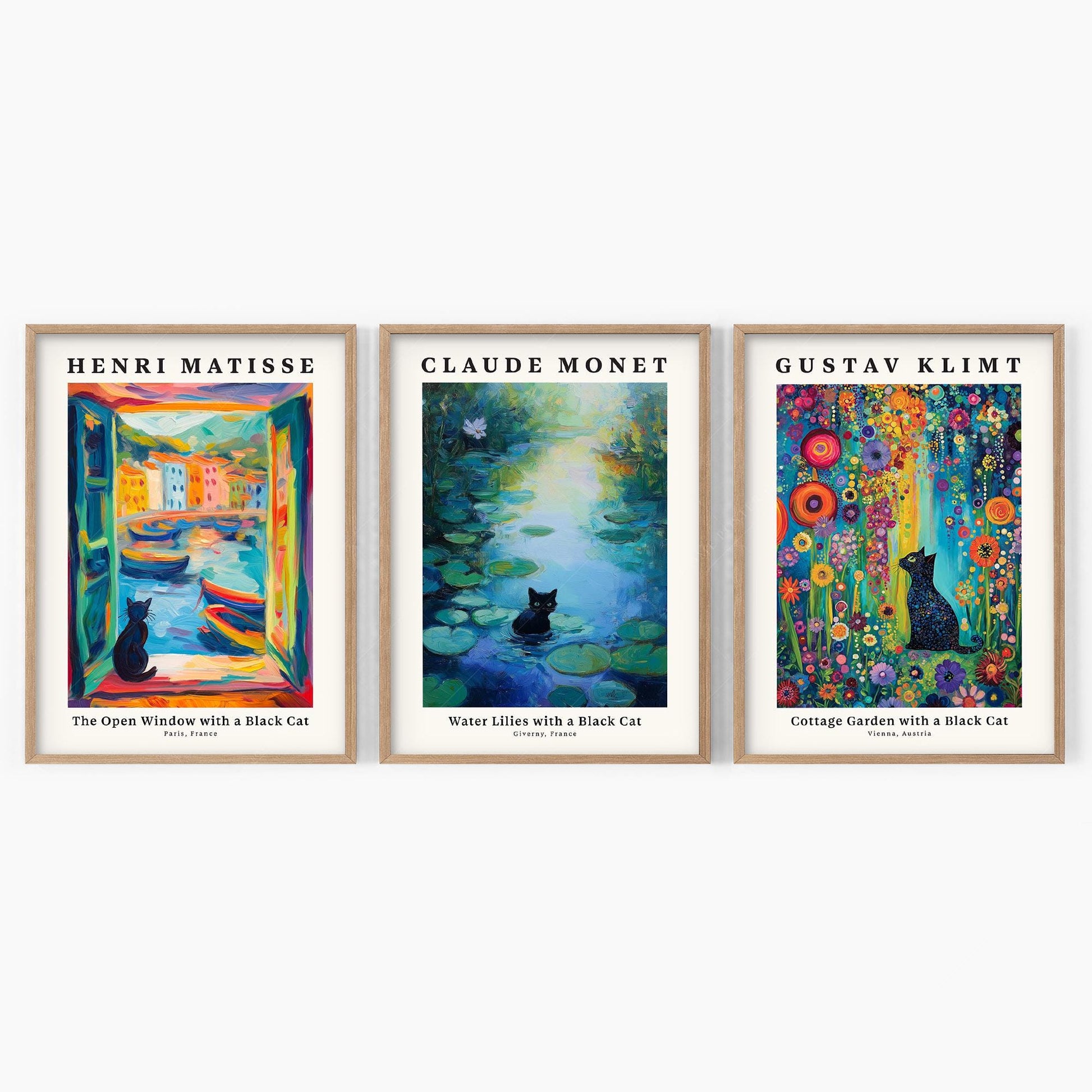 Black Cat Art Print Set of 3 – Matisse Monet Klimt – gallery wall art poster