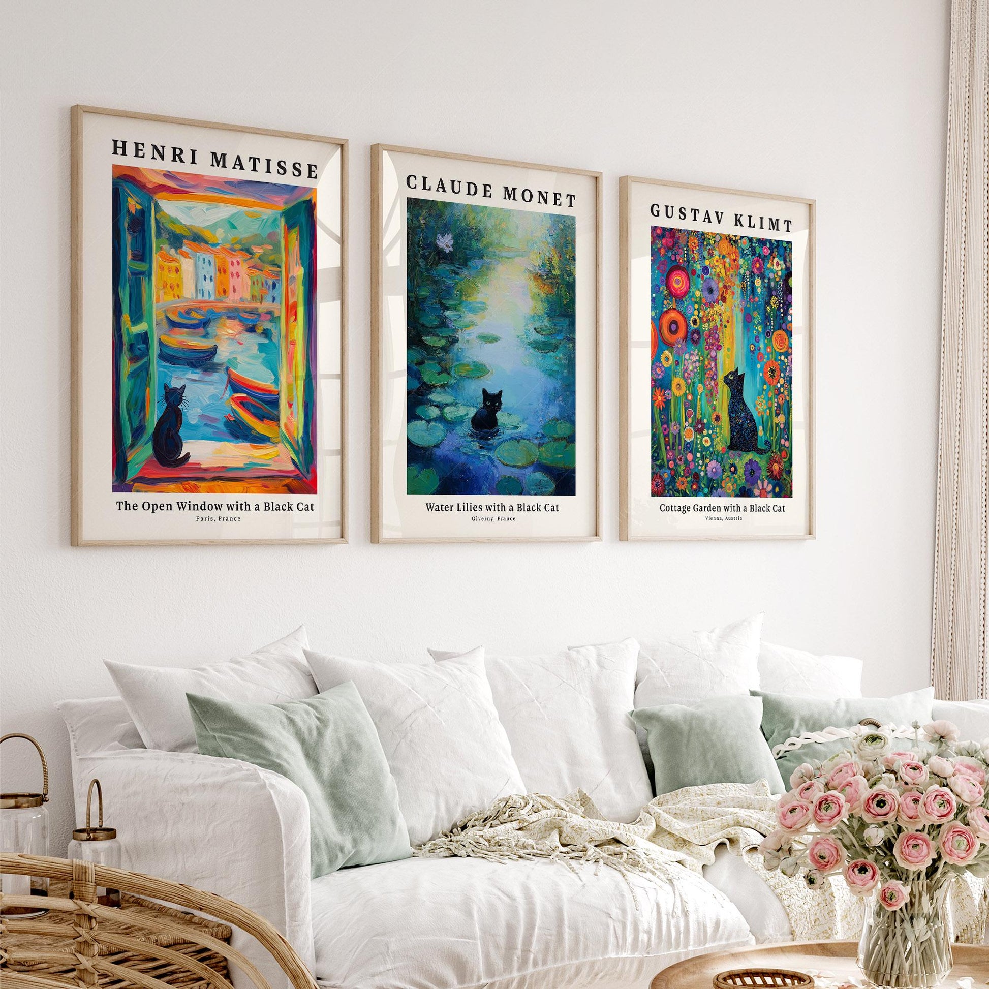 Black Cat Art Print Set of 3 – Matisse Monet Klimt – art poster for living room