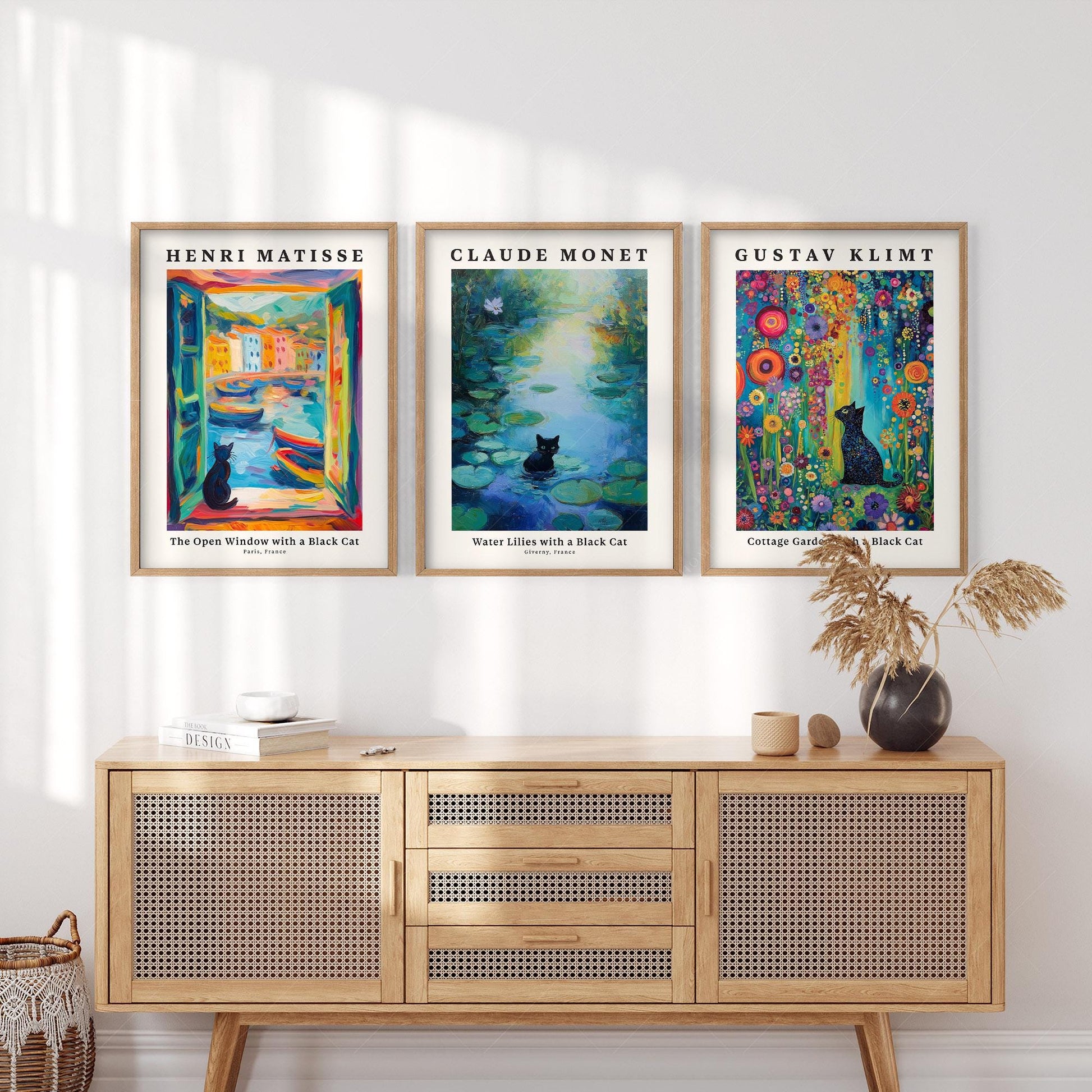 Black Cat Art Print Set of 3 – Matisse Monet Klimt – fine art wall poster