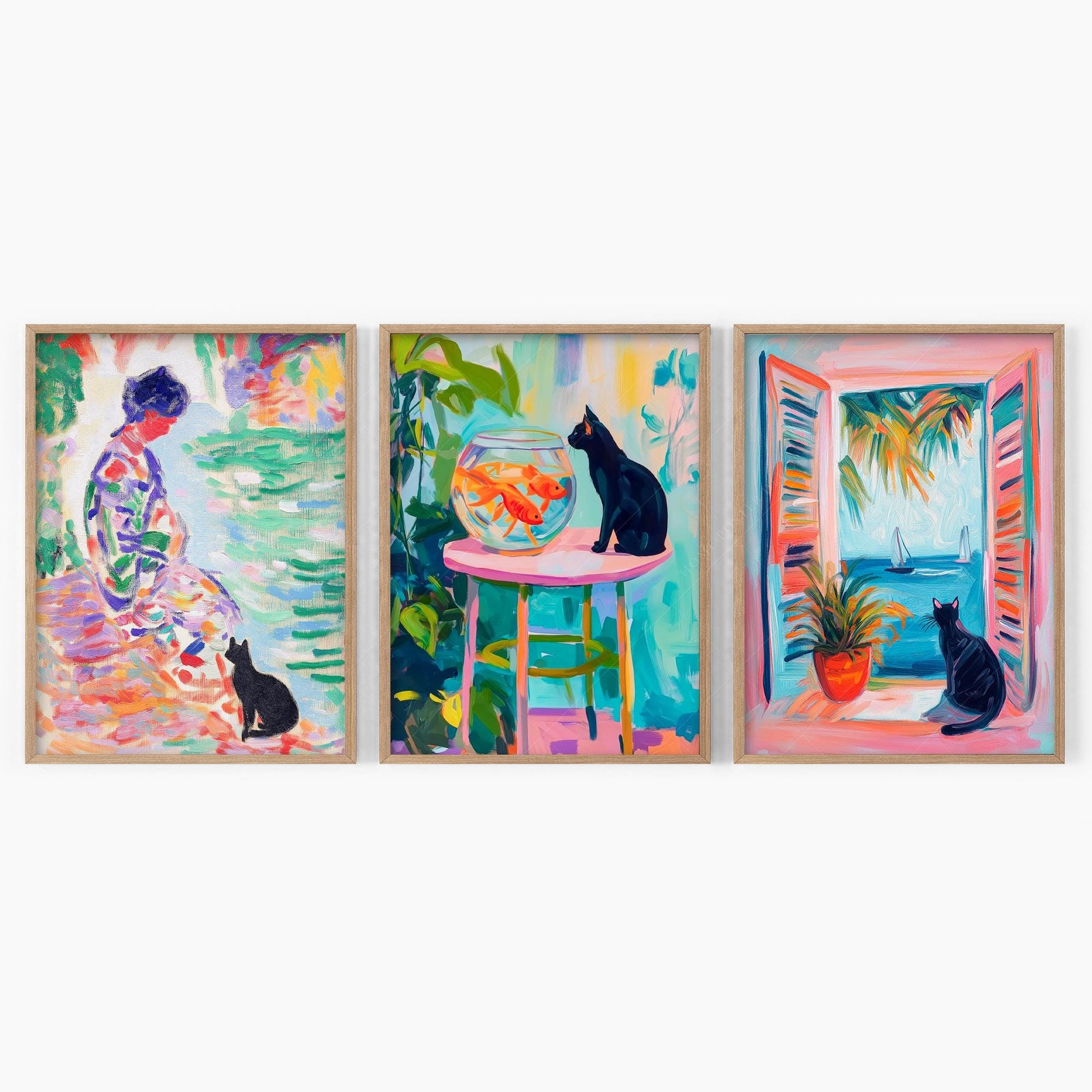 Matisse Inspired Black Cat Art Print Set of 3 – gallery wall art poster