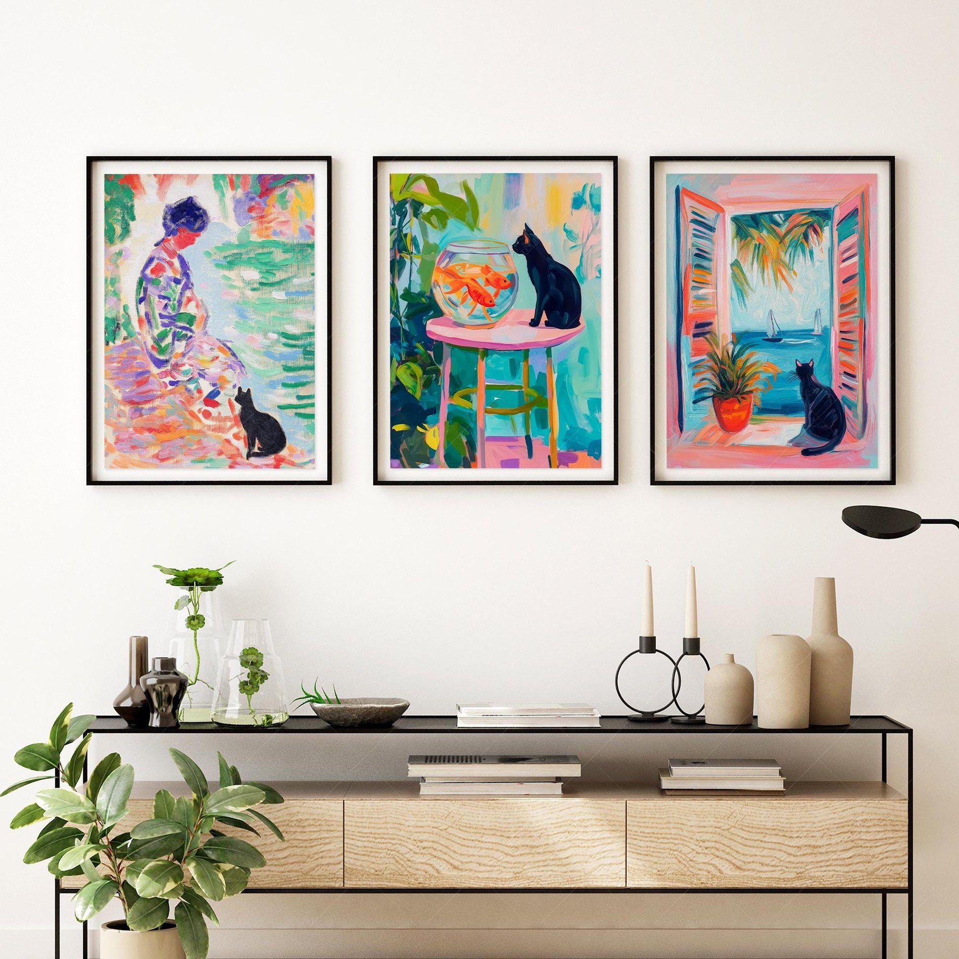 Matisse Inspired Black Cat Art Print Set of 3 – classic art print reproduction