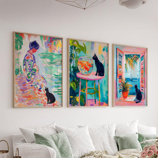 Matisse Inspired Black Cat Art Print Set of 3 – fine art print wall decor