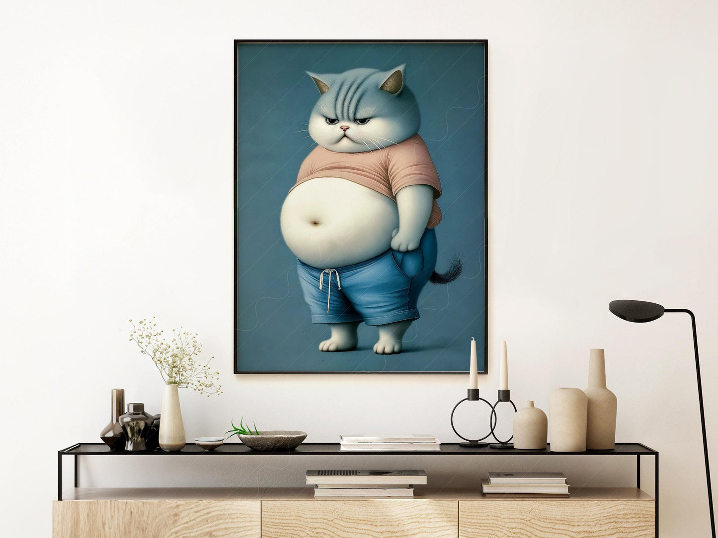 Grumpy Chubby Cat Art Print – Funny Pet Portrait – museum quality art print