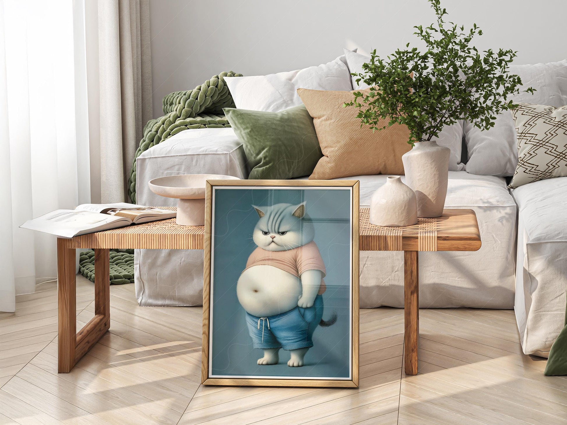 Grumpy Chubby Cat Art Print – Funny Pet Portrait – fine art wall poster