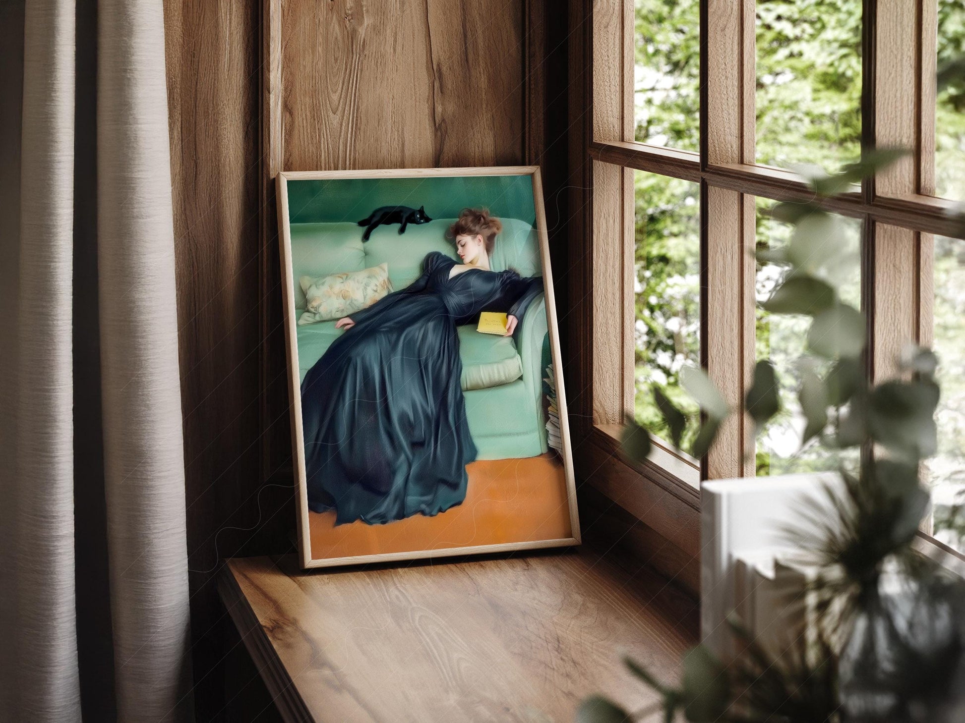 Art Nouveau Woman with Black Cat Print – Emerald Green – gallery wall art poster