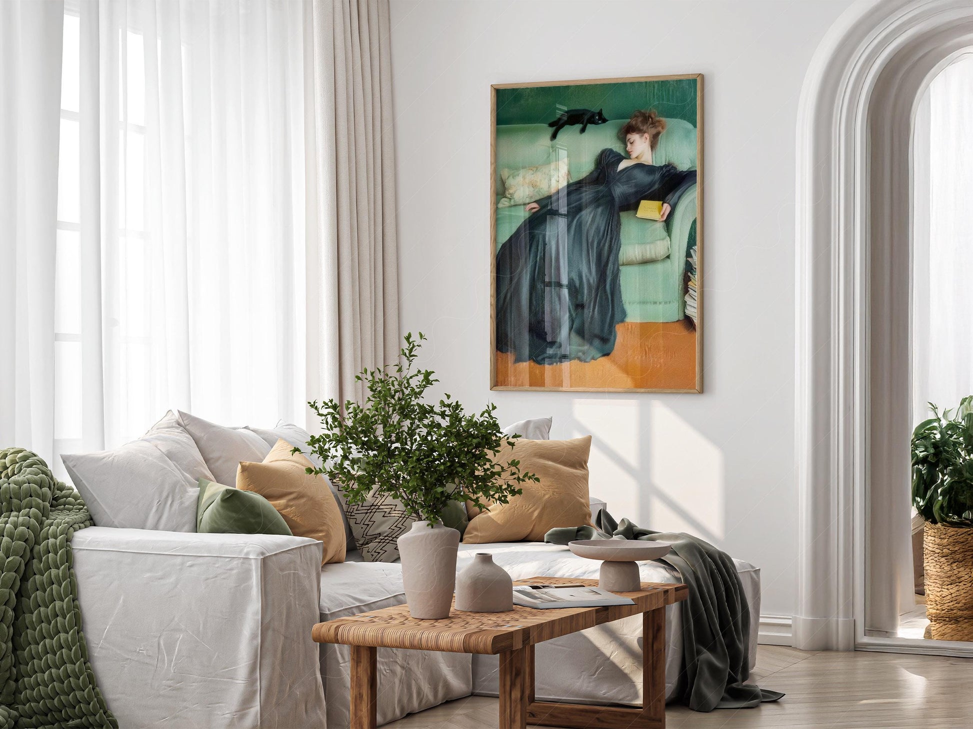 Art Nouveau Woman with Black Cat Print – Emerald Green – archival paper art print