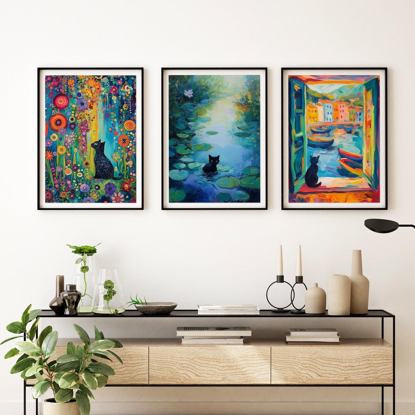 Black Cat Art Print Set of 3 – Famous Paintings – high quality art print