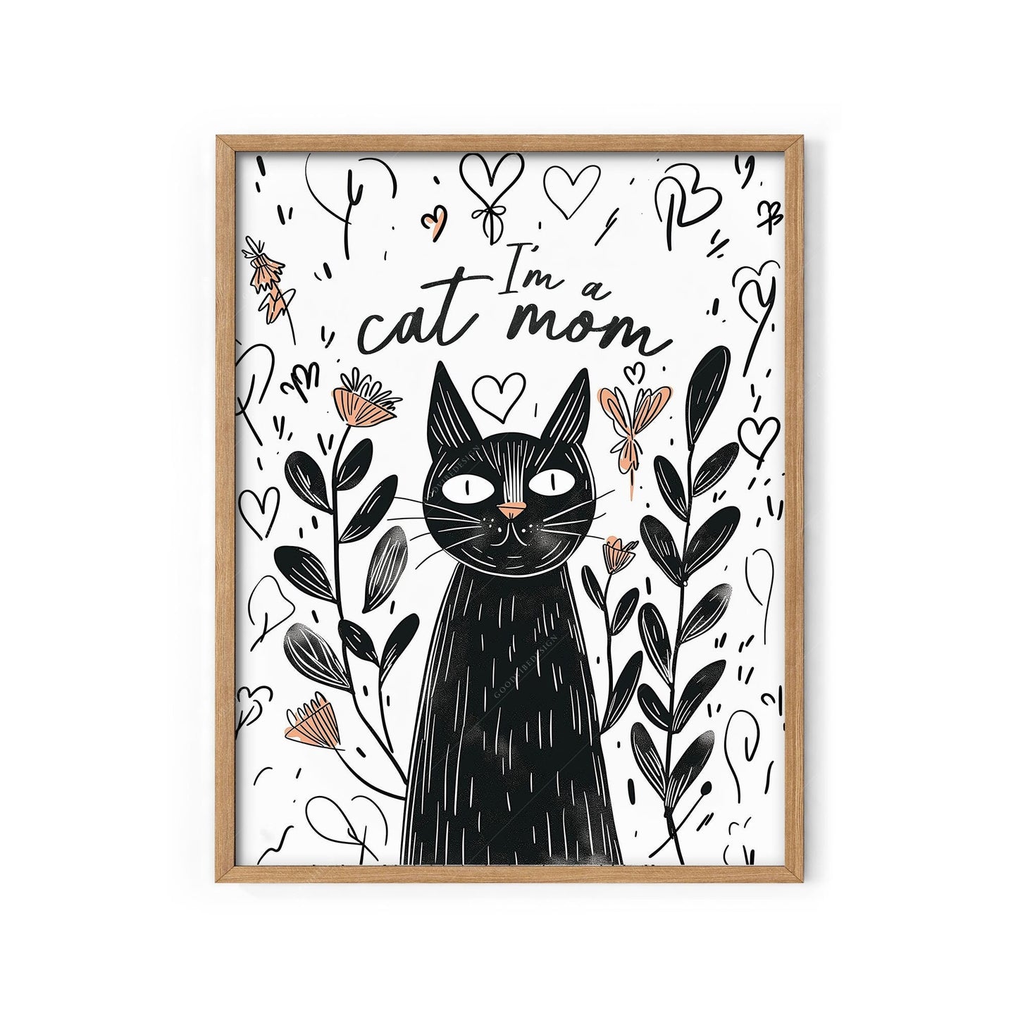 I'm a Cat Mom art print featuring a whimsical black cat surrounded by hearts and flowers wall art
