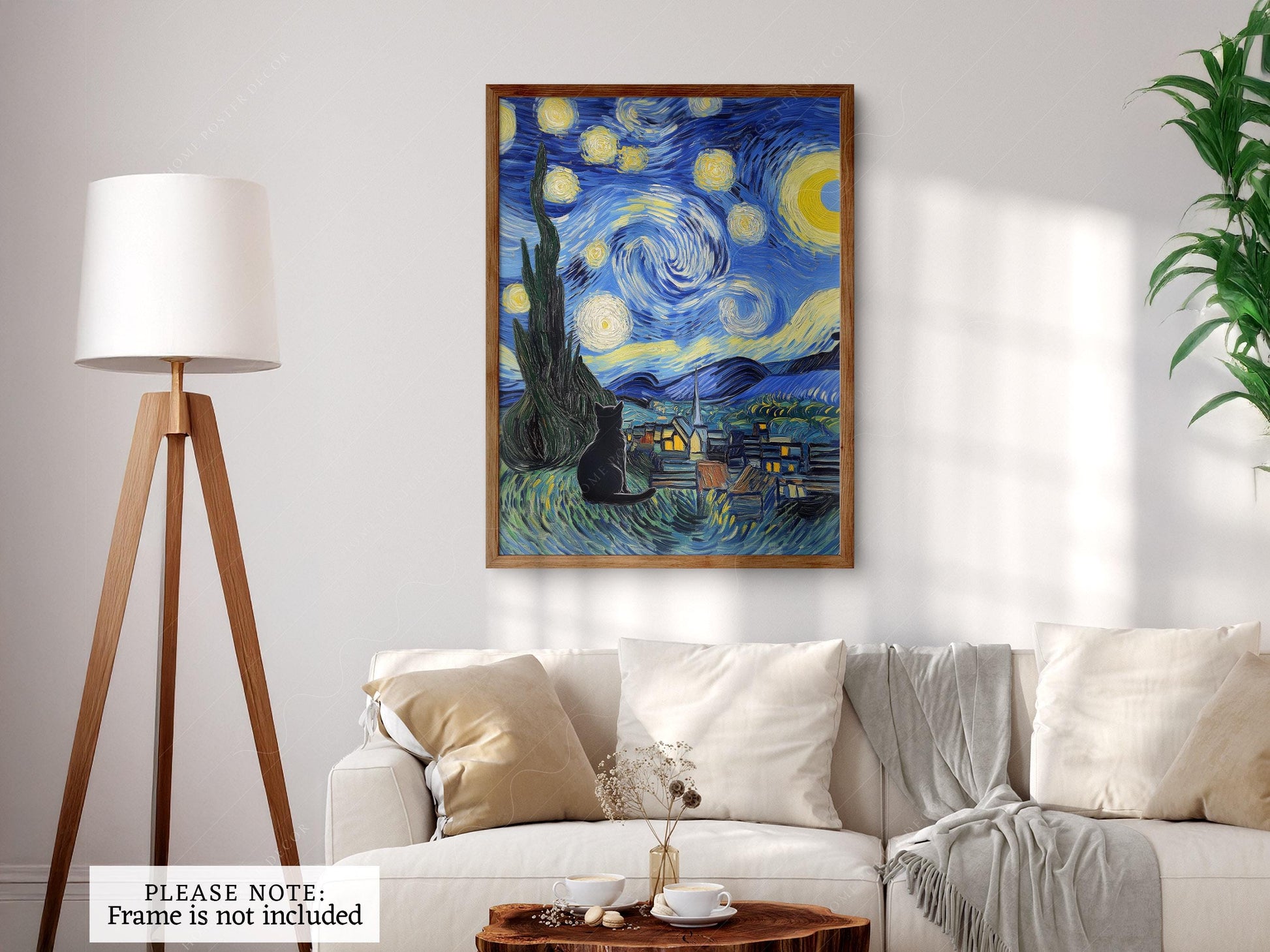 Van Gogh Starry Night with Black Cat Print – Funny Cat – museum quality art print