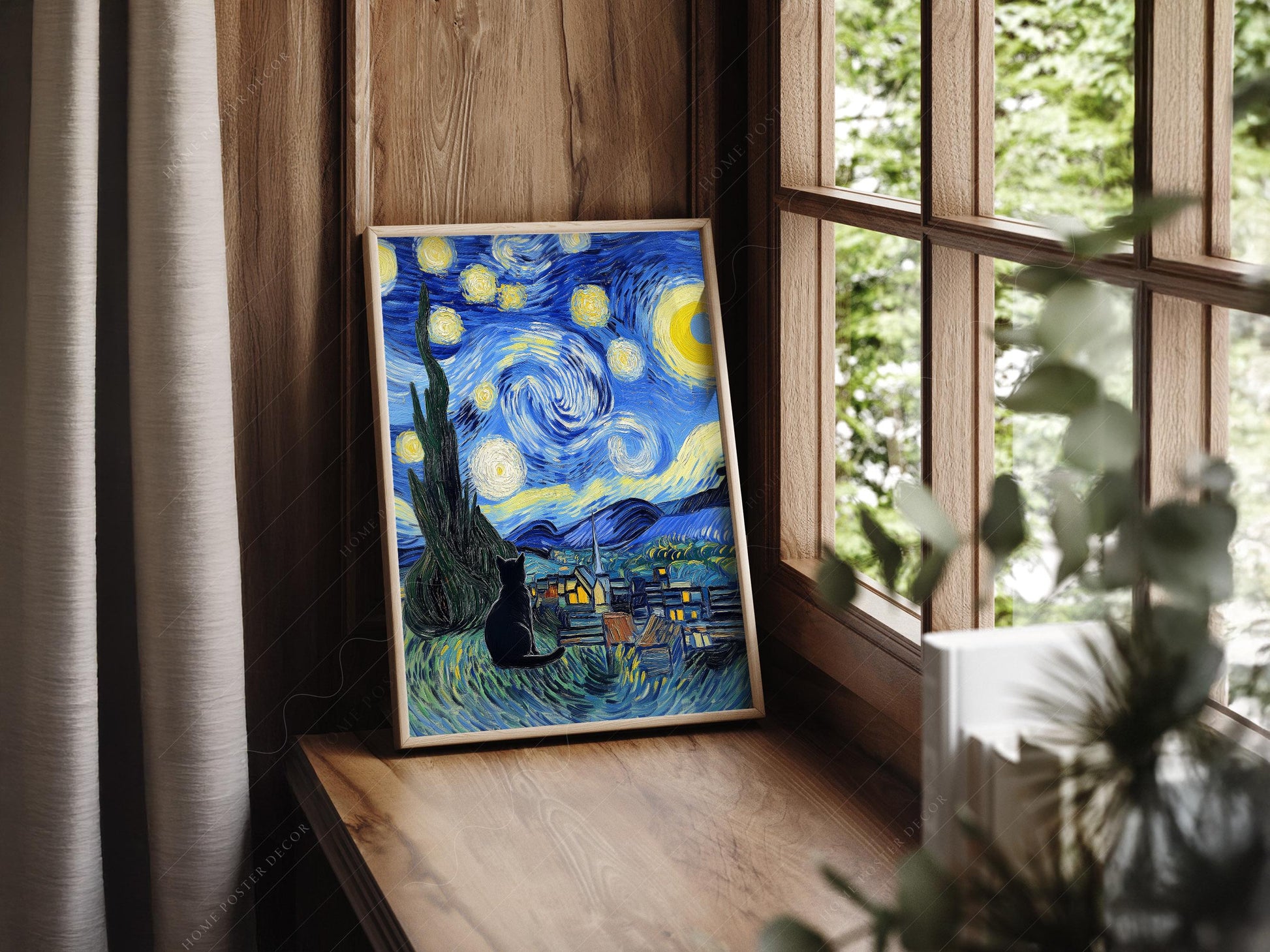 Van Gogh Starry Night with Black Cat Print – Funny Cat – classic art print reproduction