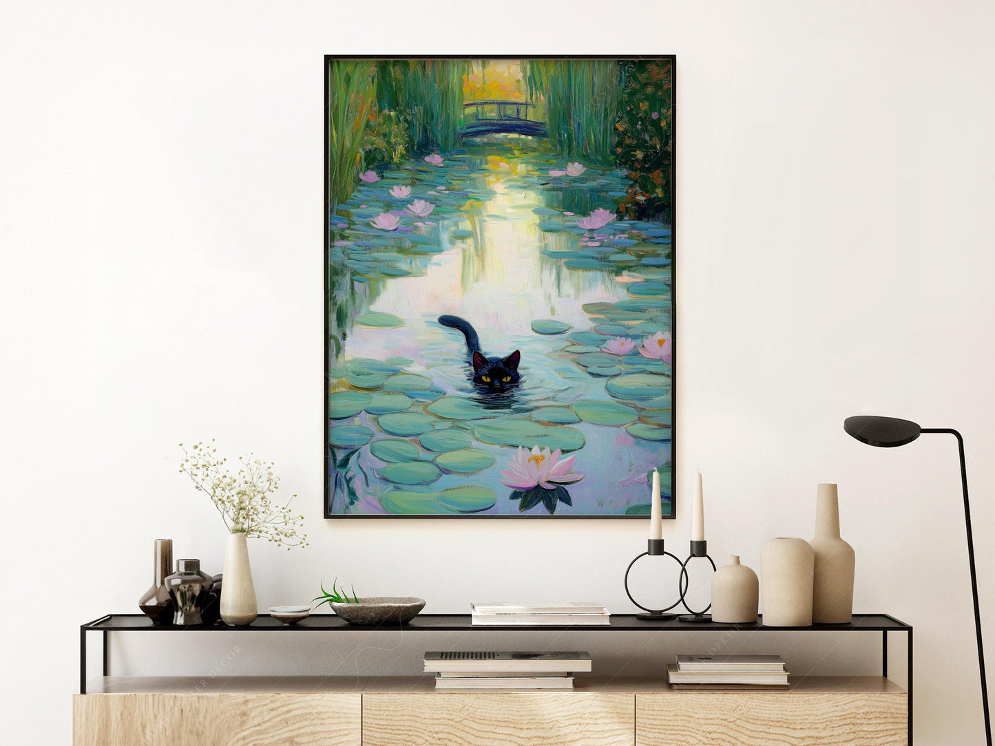 Monet Water Lilies Black Cat Print – Funny Cat Lover – gallery wall art poster