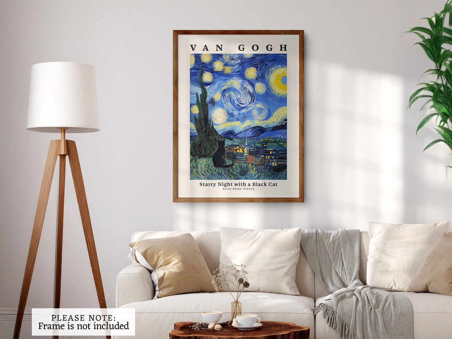 Van Gogh Starry Night with Black Cat Print – Funny Cat – museum quality art print
