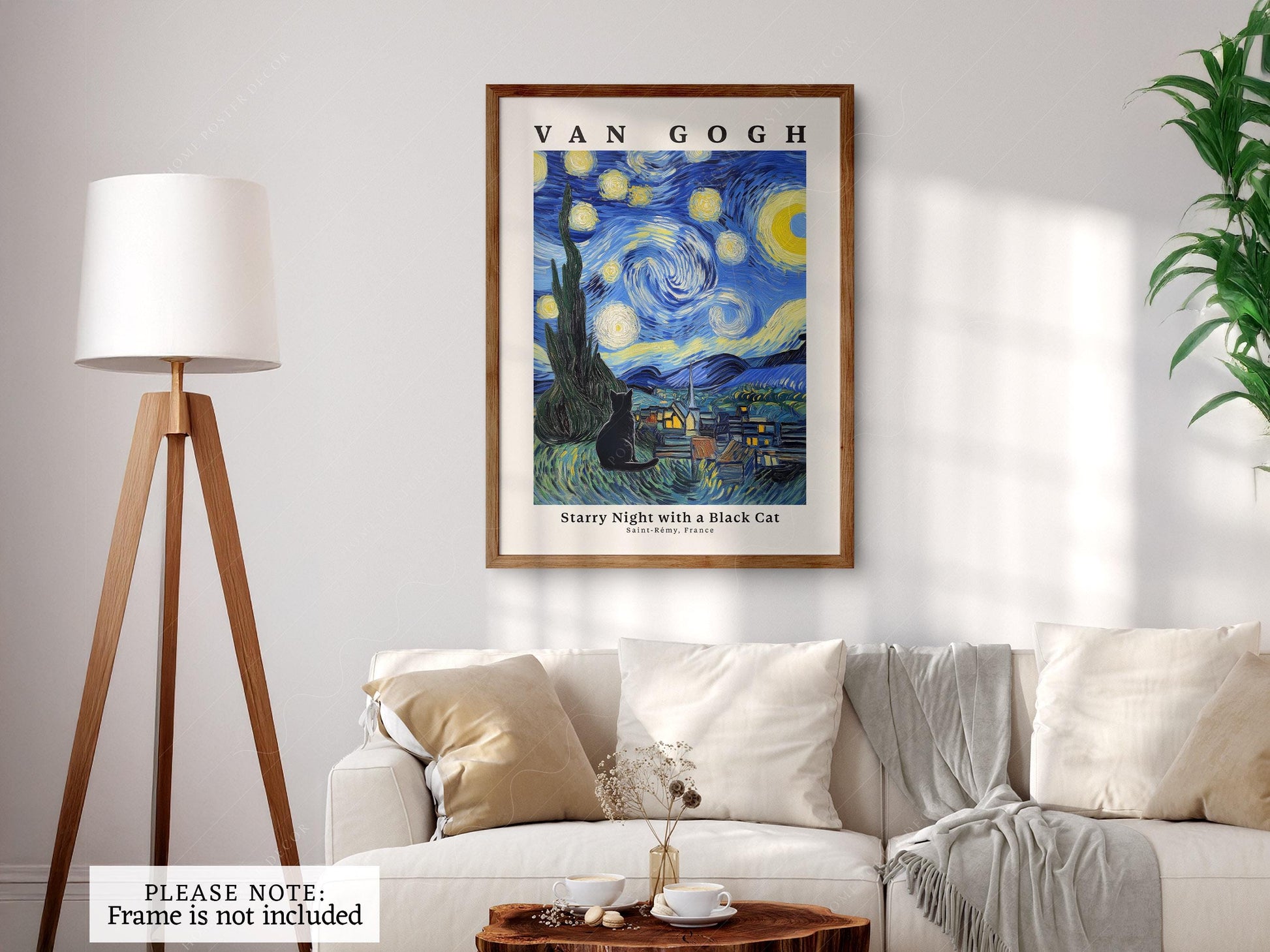 Van Gogh Starry Night with Black Cat Print – Funny Cat – museum quality art print