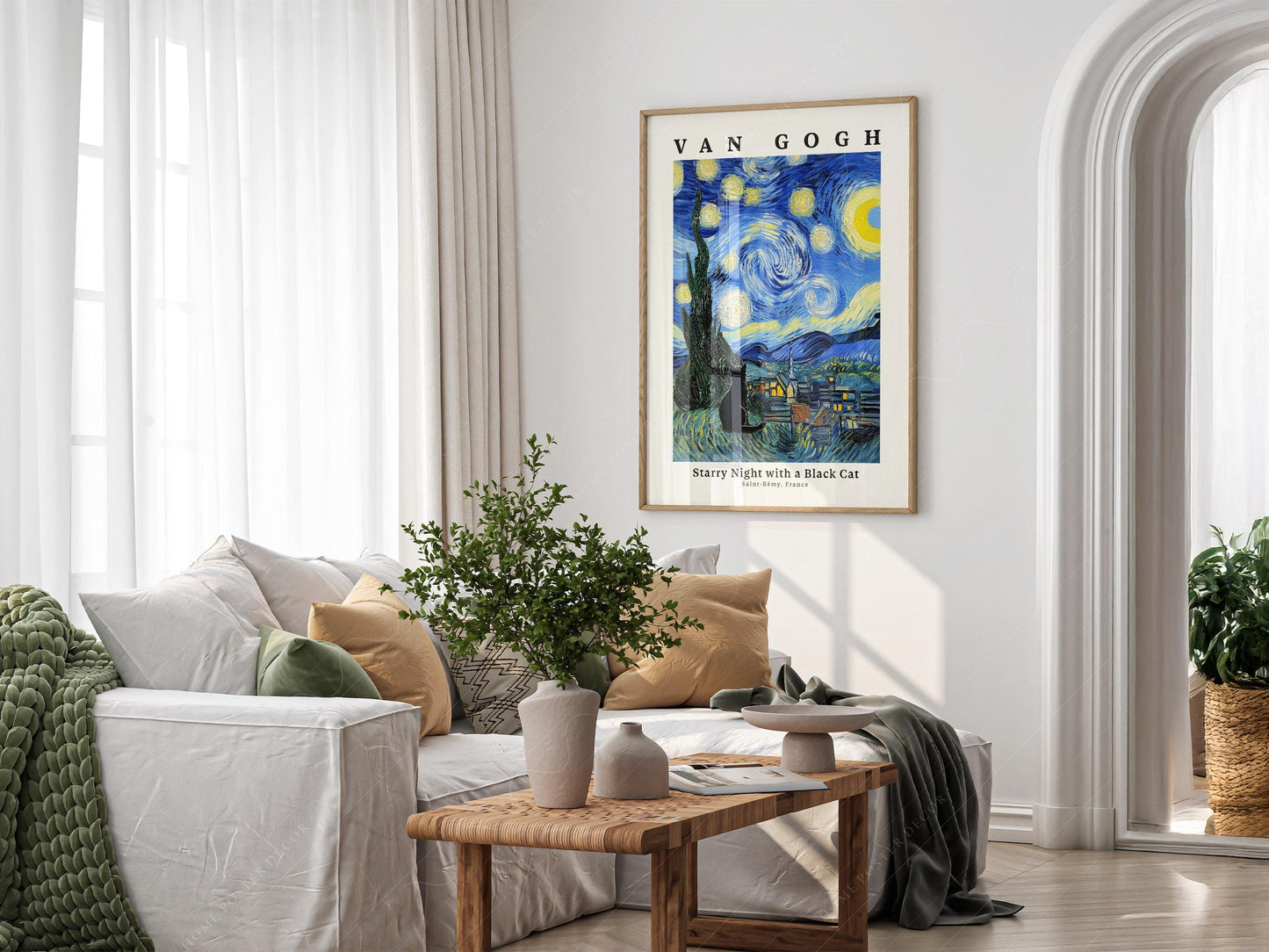 Van Gogh Starry Night with Black Cat Print – Funny Cat – archival paper art print