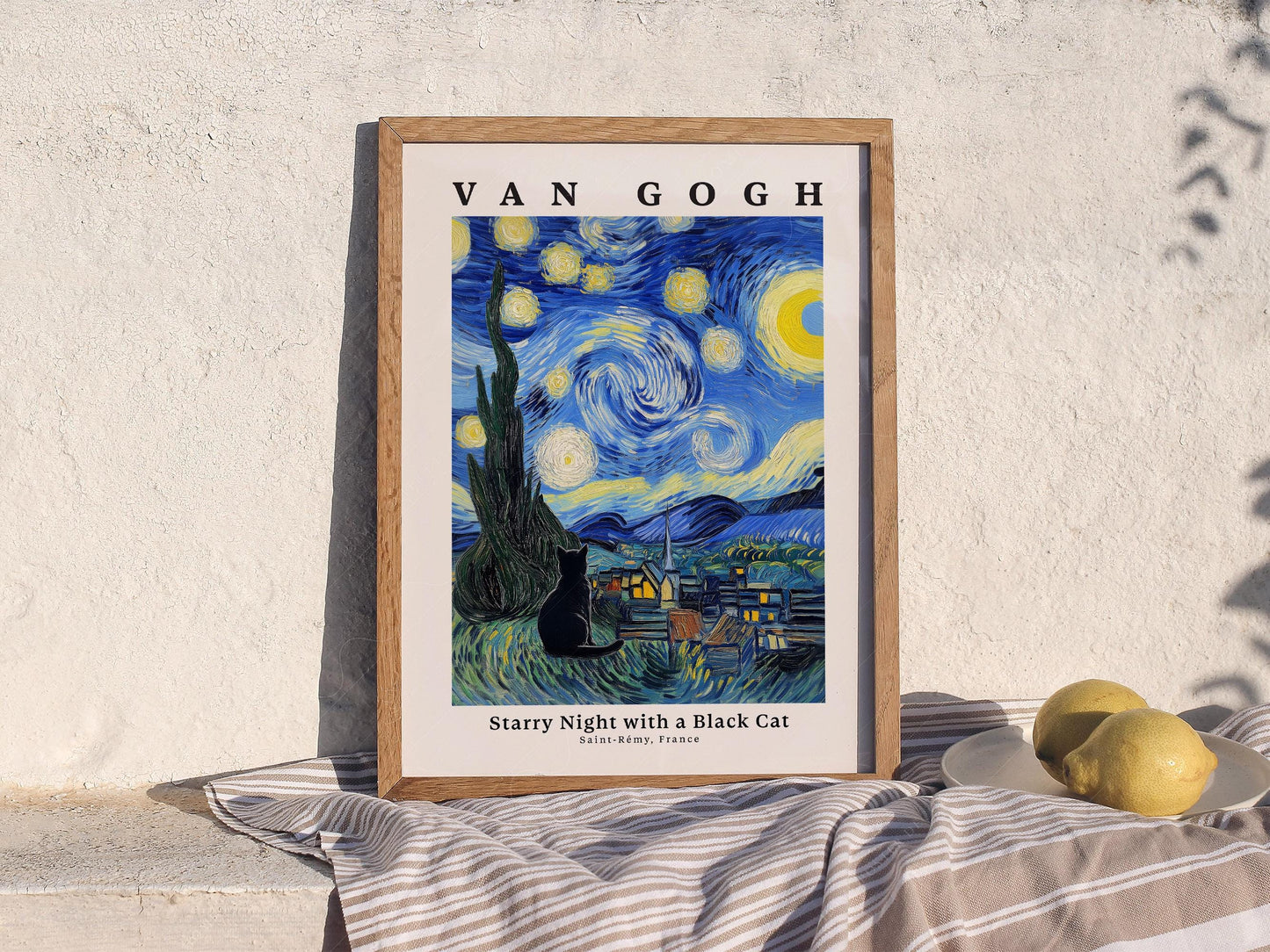 Van Gogh Starry Night with Black Cat Print – Funny Cat – classic art print reproduction