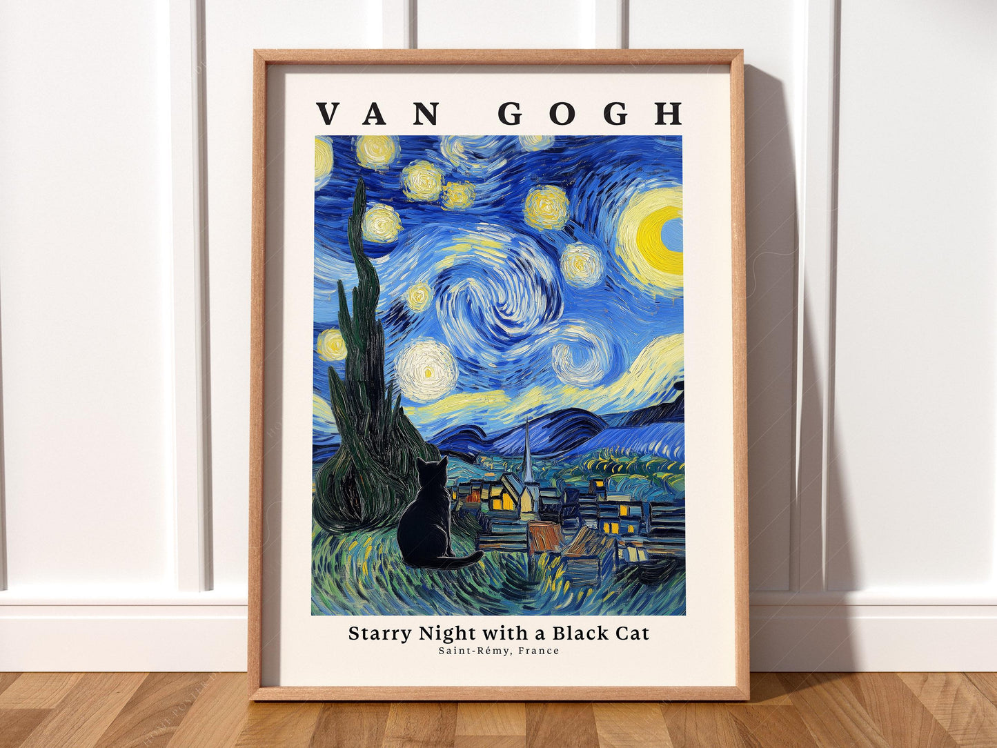 Van Gogh Starry Night with Black Cat Print – Funny Cat – fine art wall poster