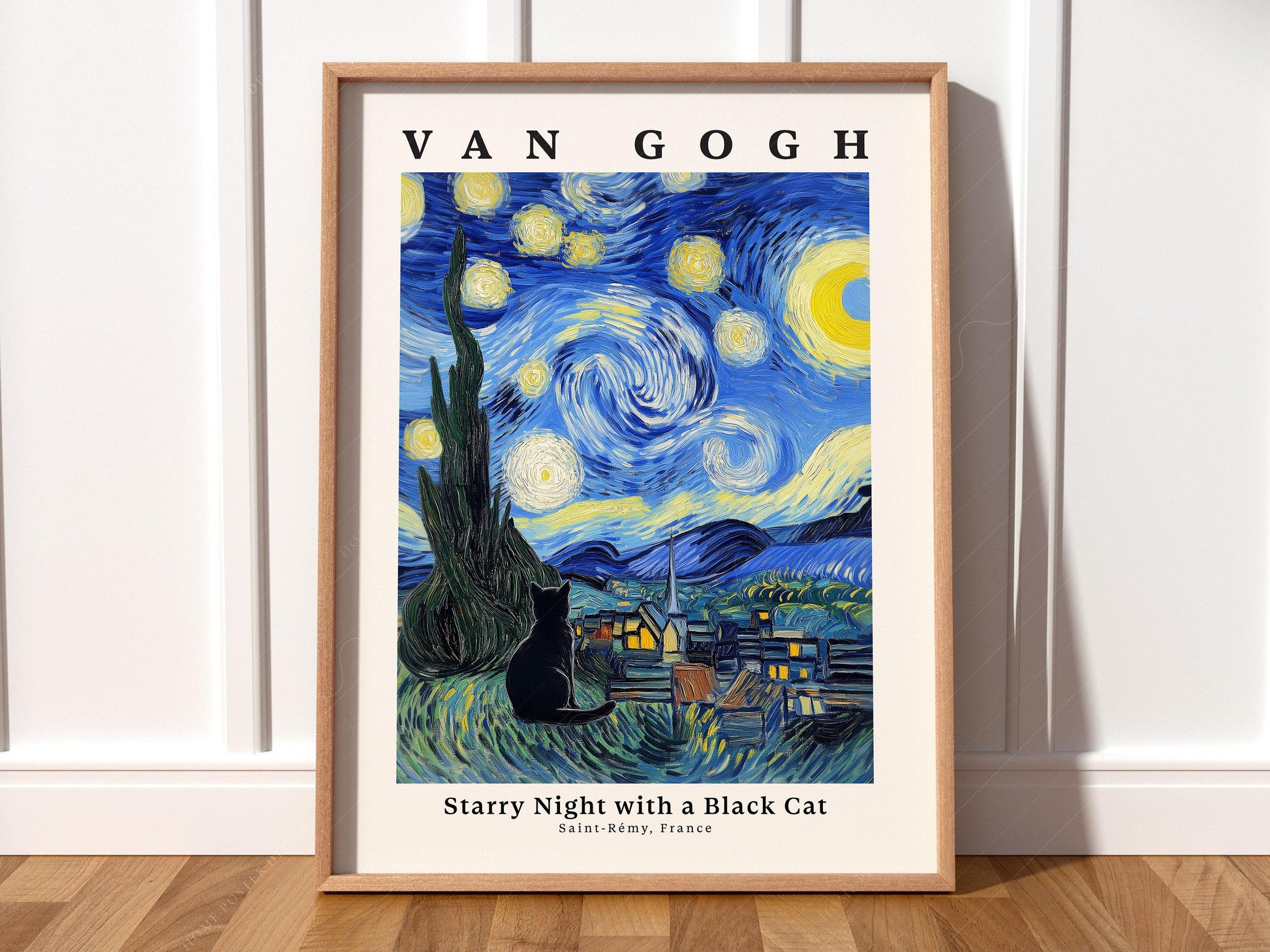 Van Gogh Starry Night with Black Cat Print – Funny Cat – fine art wall poster